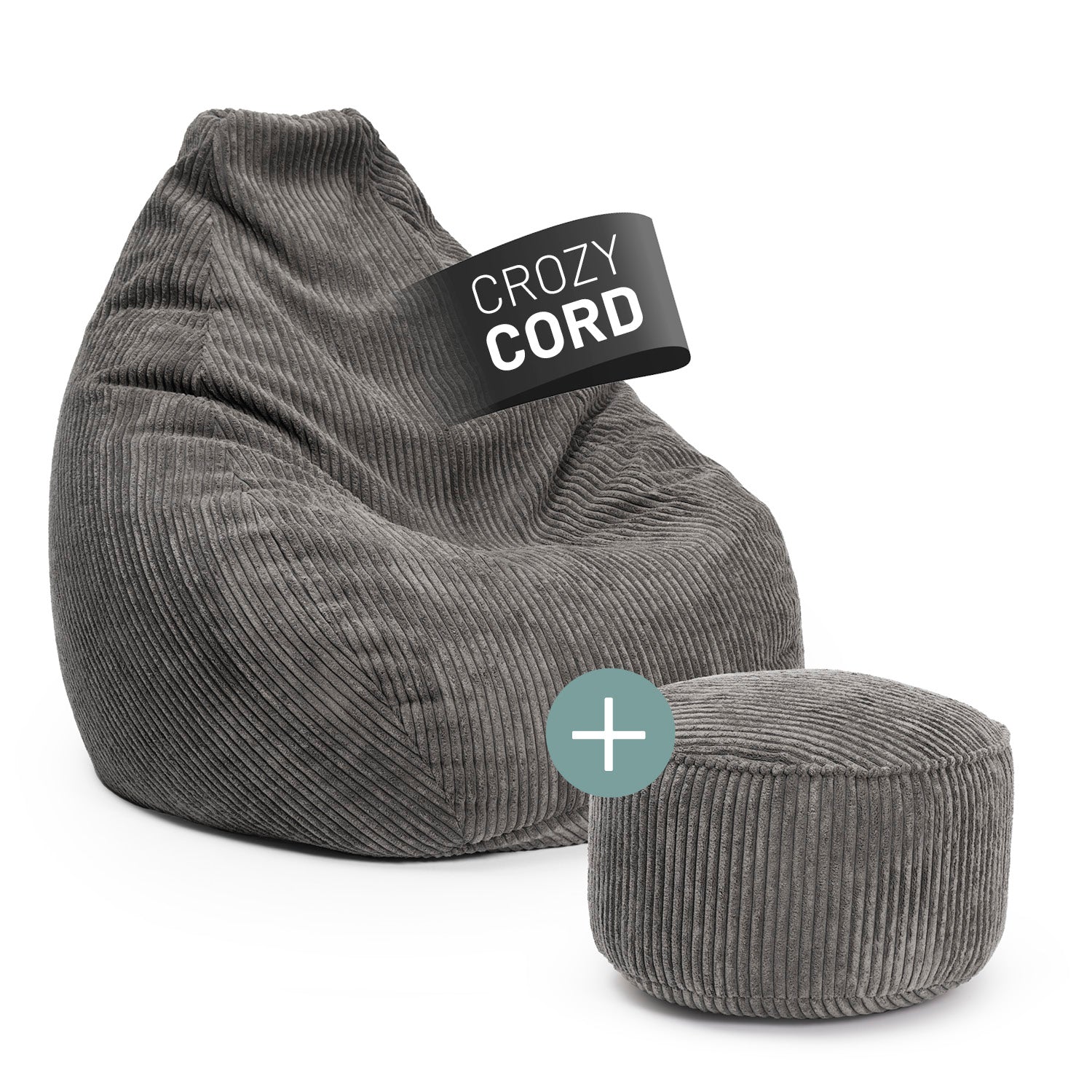 LUMALAND Relax Set Cord in Grau bestehend aus GIANT Cord Sitzsack und Cord Pouf vor weißem Hintergrund mit Fahne "Crozy Cord".
