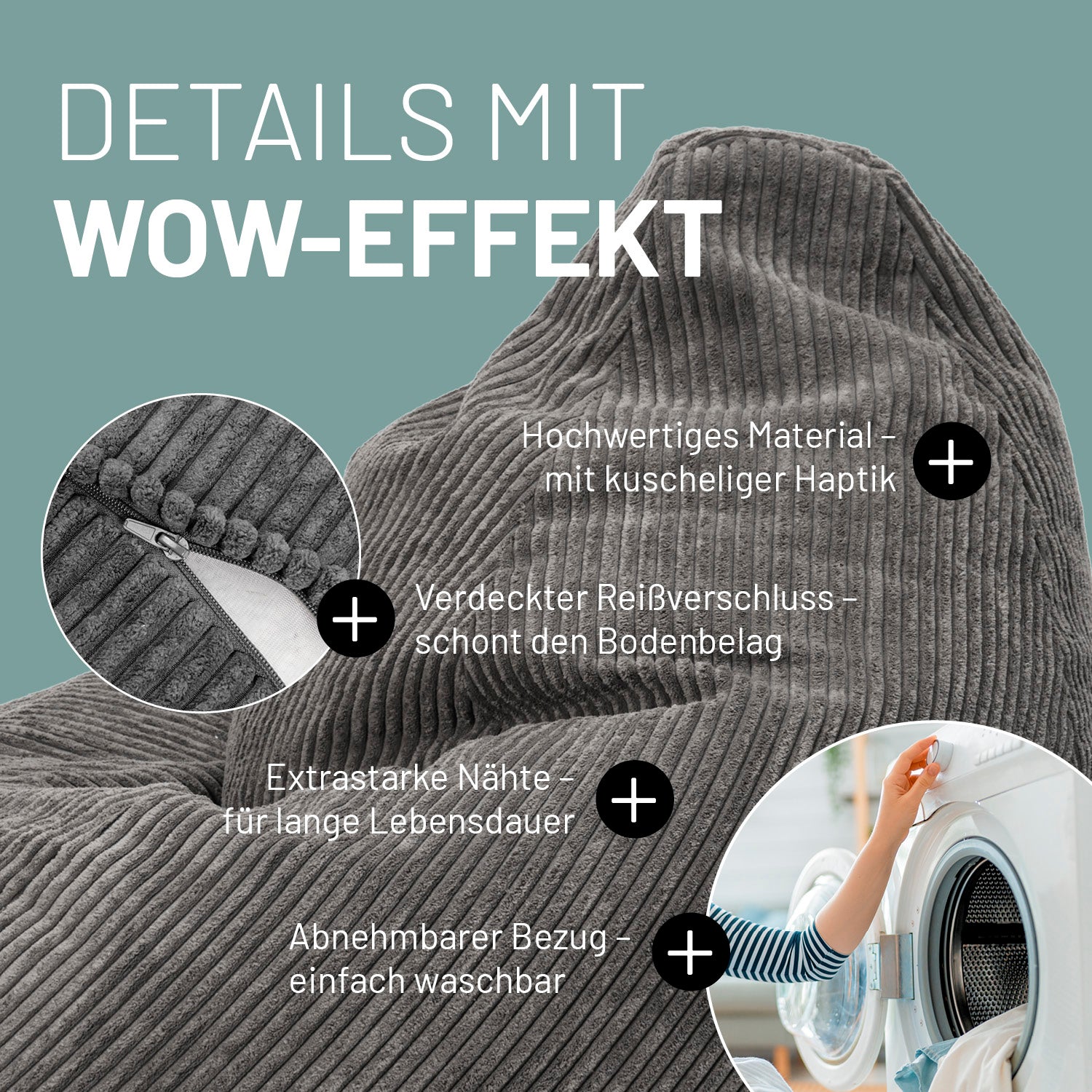 Grauer Cord-Sitzsack im Detail mit Informationen zu "Verdeckter Reißverschluss", "Extrastarke Nähte" und "Waschbarer Bezug".