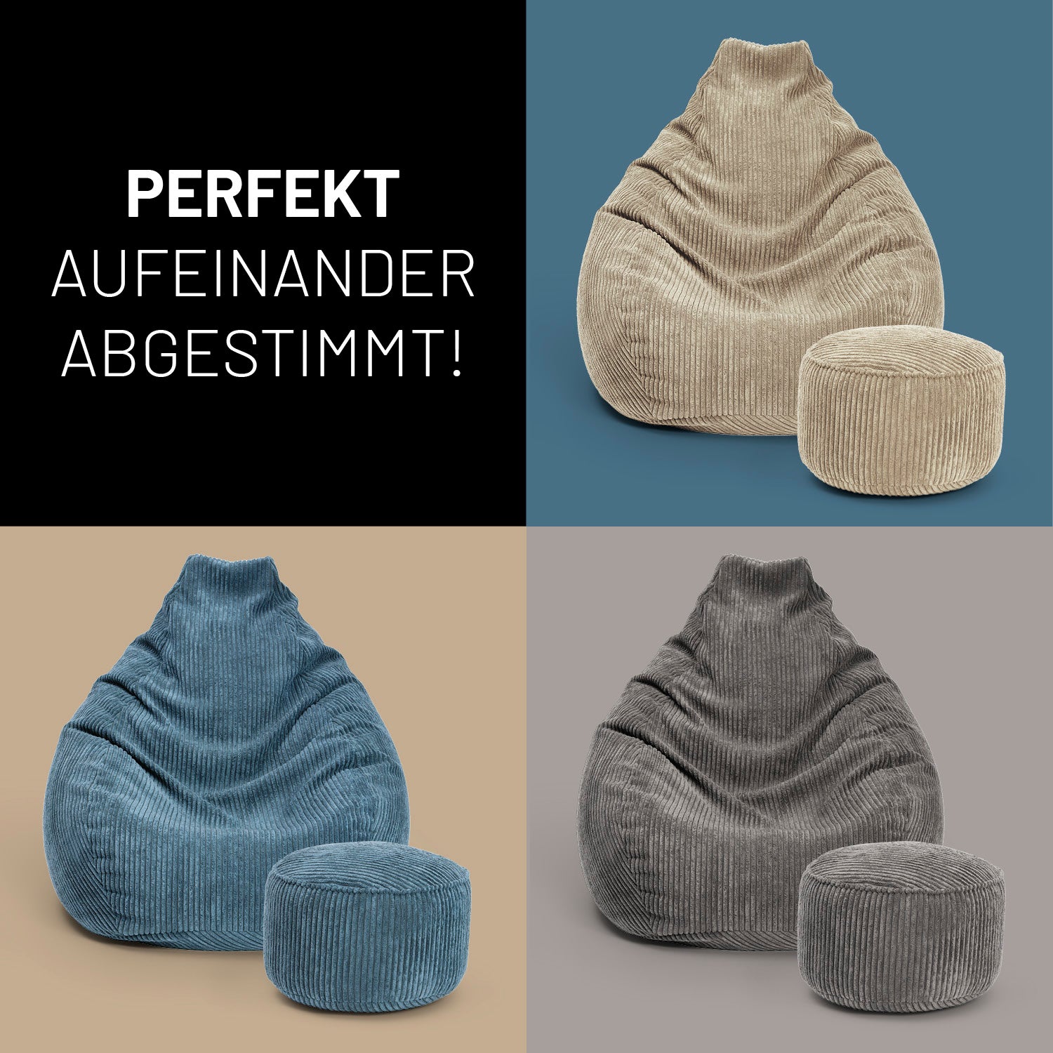 Drei verschiedene Farben des LUMALAND Relax-Set bestehend aus GIANT Cord Sitzsack und Pouf vor Kontrastfarben in Kacheln - Perfekt aufeinander abgestimmt!