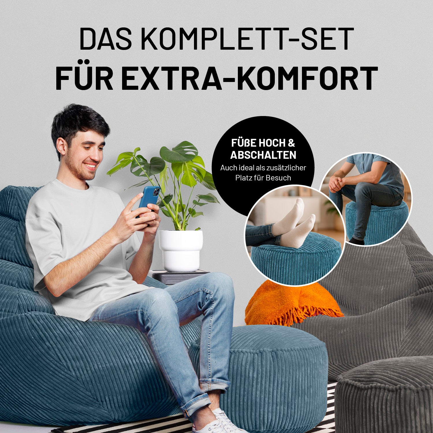 Ein Mann sitzt entspannt auf einem navyblauen Cord-Sitzsack mit passendem Pouf. Text betont Komfort und Vielseitigkeit – ideal zum Füßehochlegen und Entspannen.