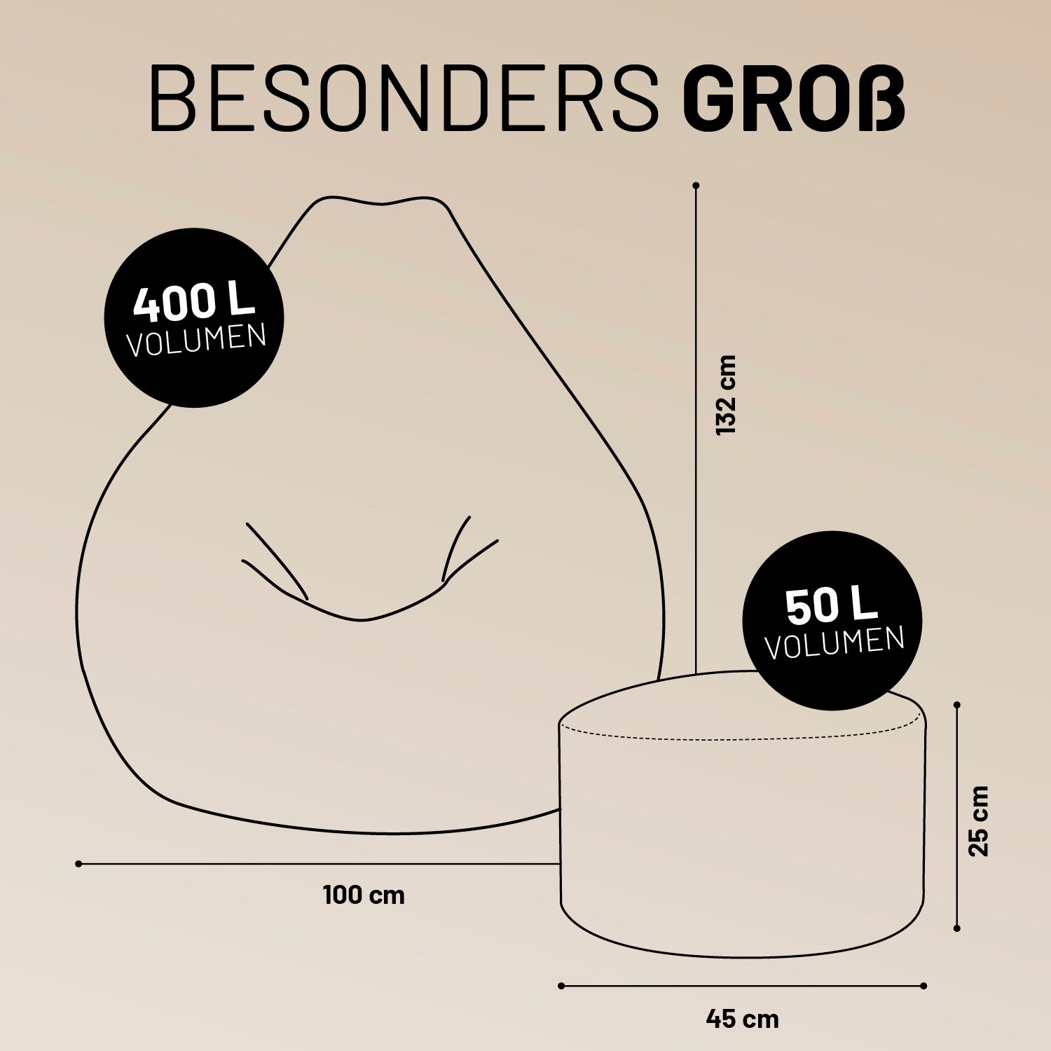 Illustrationen des GIANT Cord Sitzsackes und Pouf mit Maßangaben. GIANT Cord Sitzsack (400 L Volumen, 100 x 132 cm) und Cord Pouf (50 L Volumen, 45 x 25 cm).