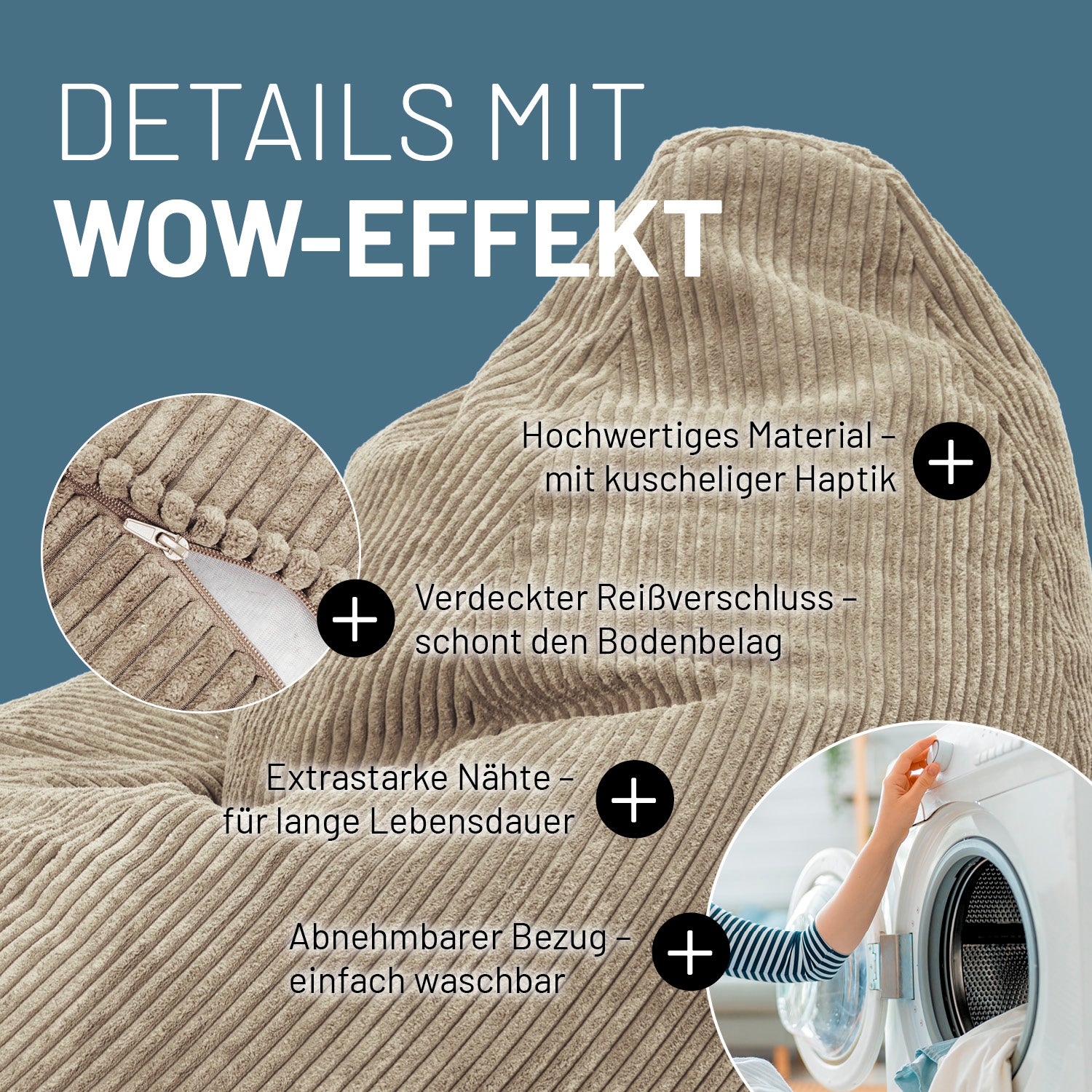 Beiger Cord-Sitzsack im Detail mit Informationen zu "Verdeckter Reißverschluss", "Extrastarke Nähte" und "Waschbarer Bezug".