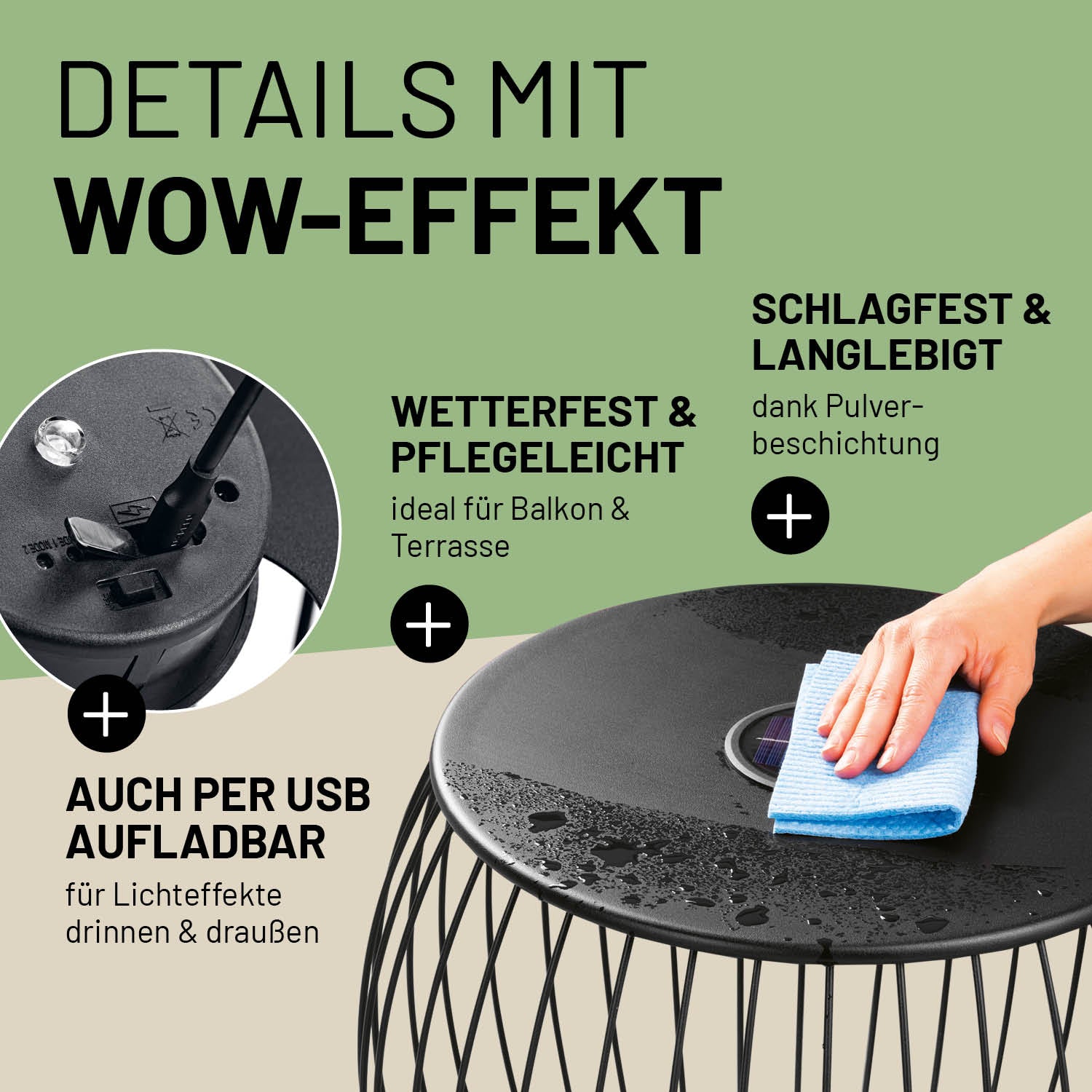 Pflegeleichter & wetterfester Beistelltisch auch per USB aufladbar und dank Pulverbeschichtung schlagfest und langlebig.