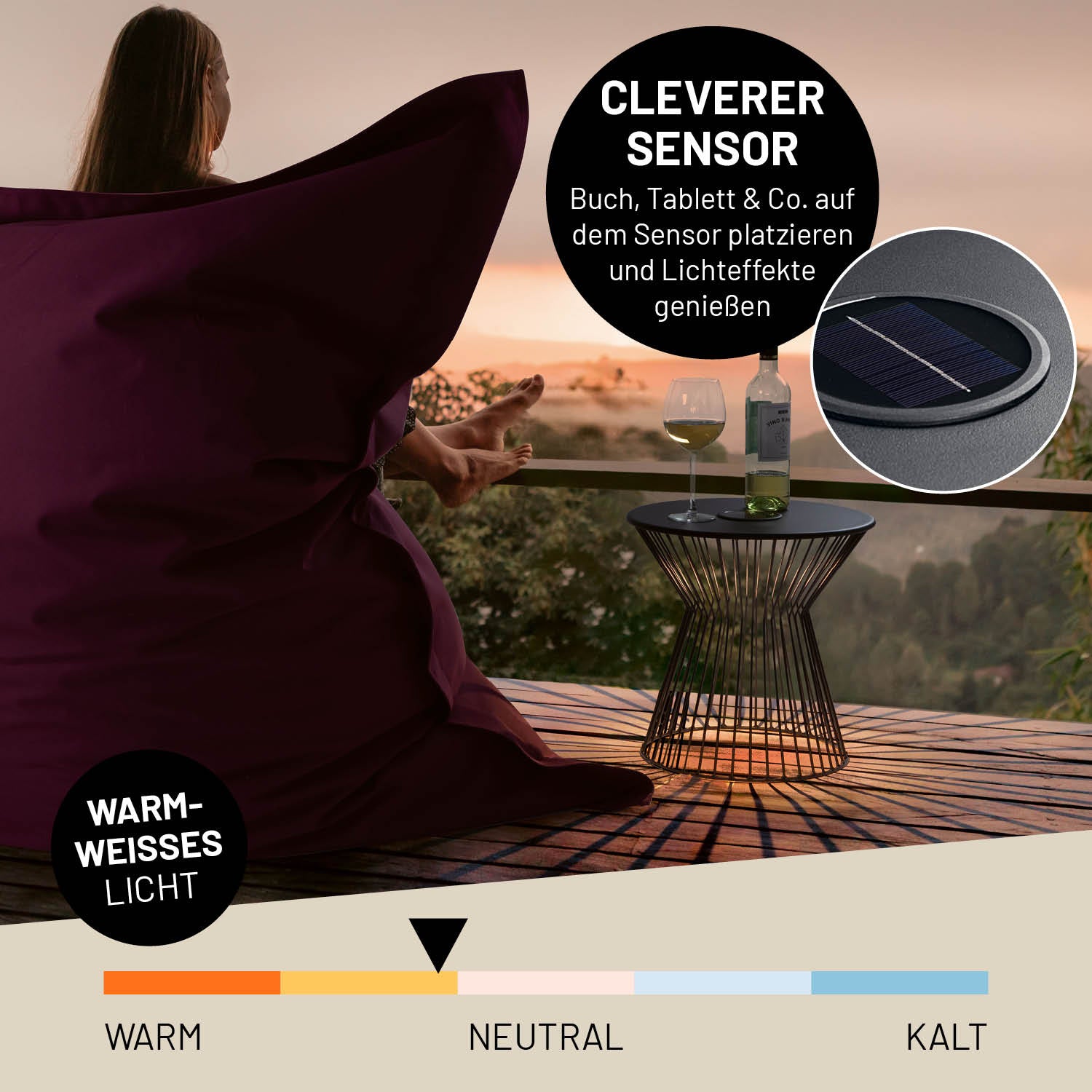 Eine Frau genießt den Sonnenuntergang auf einem Balkon. Informationen zum Sensor und dem warmweißen Licht.