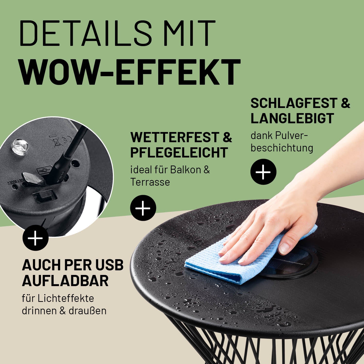 Pflegeleichter & wetterfester Beistelltisch auch per USB aufladbar und dank Pulverbeschichtung schlagfest und langlebig.