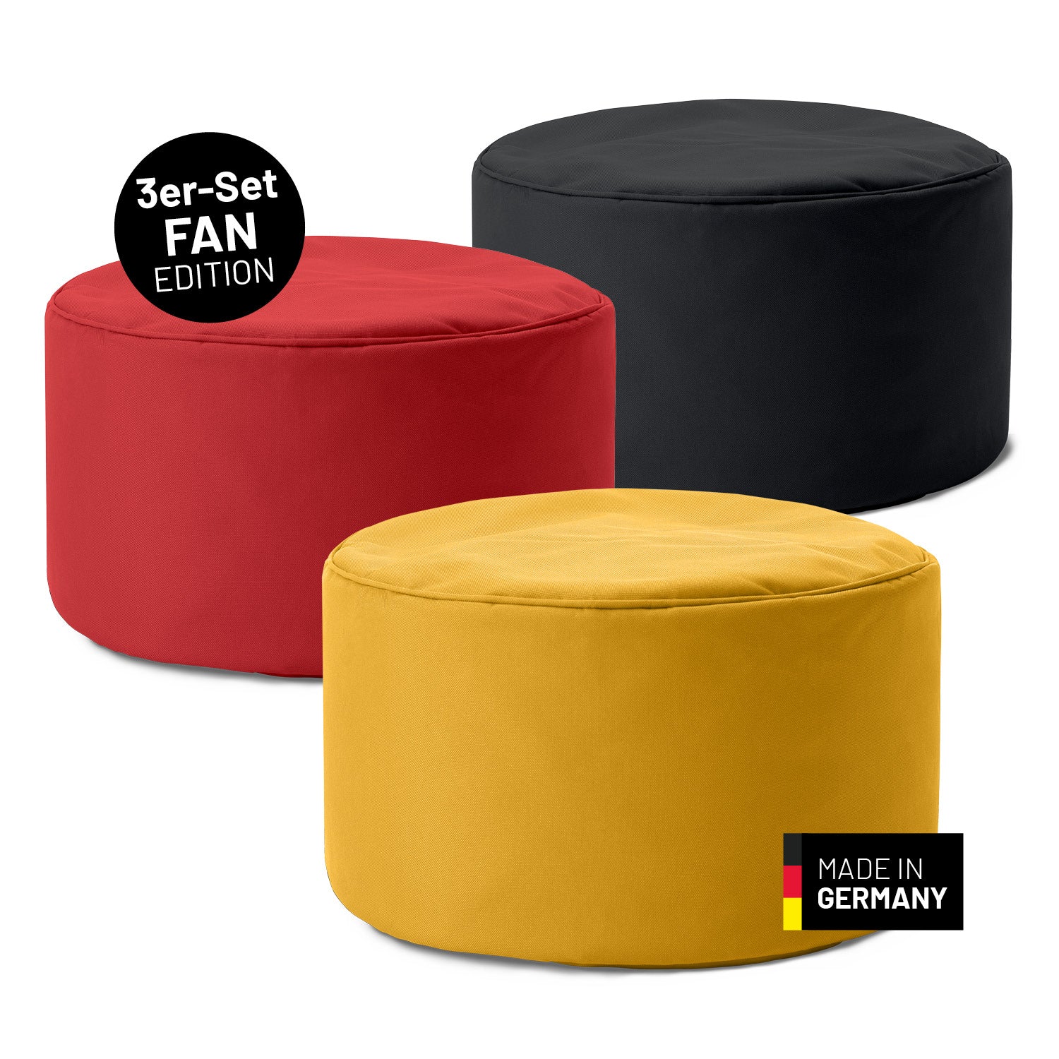 LUMALAND Pouf 3er-Set Fan Edition in den Farben Schwarz, Rot und Gelb auf weißem Hintergrund.
