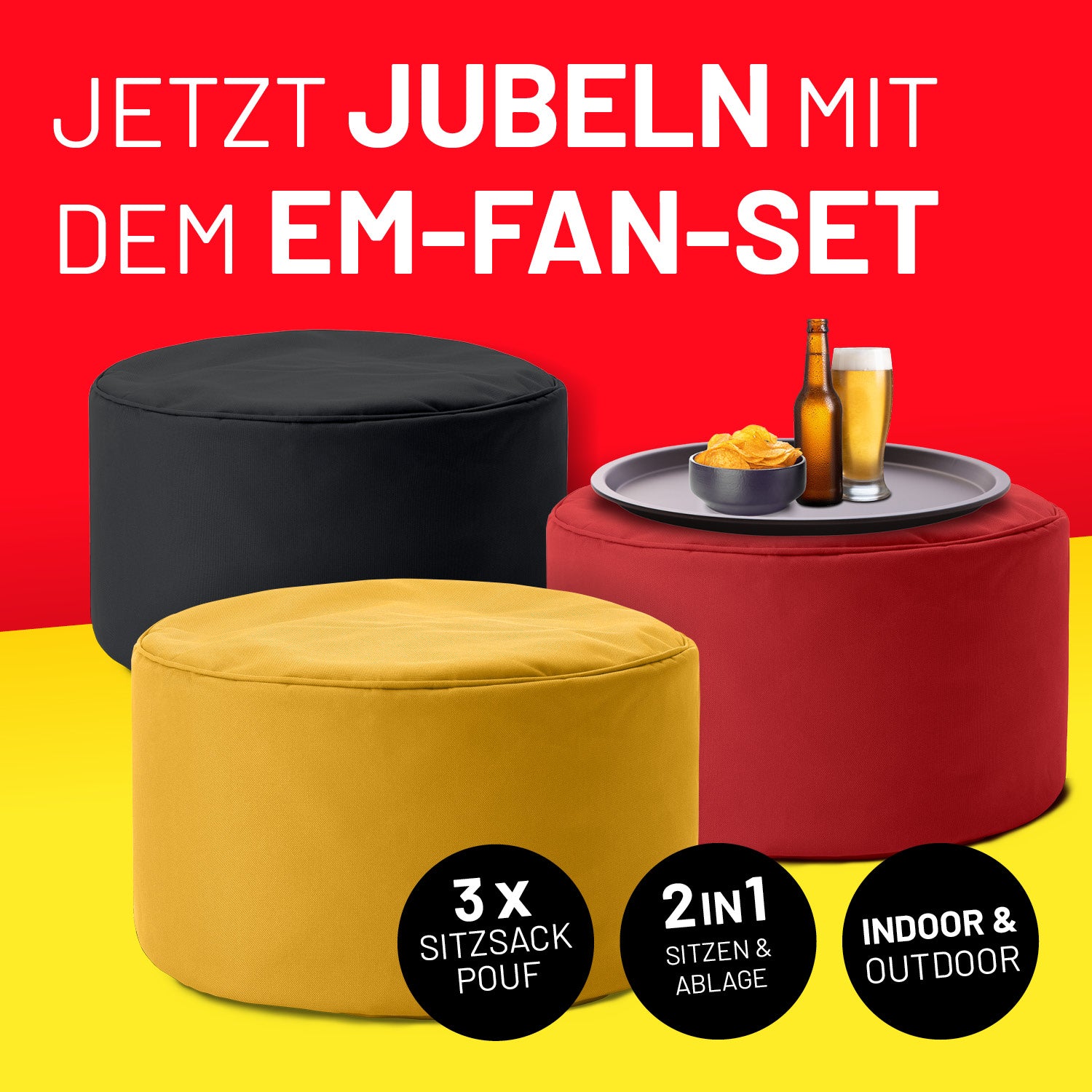 Poufs in den Farben Schwarz, Rot und Gelb mit Icons "3x Sitzsack Pouf", "2 in 1 - Sitzen & Ablage" und "Indoor & Outdoor".