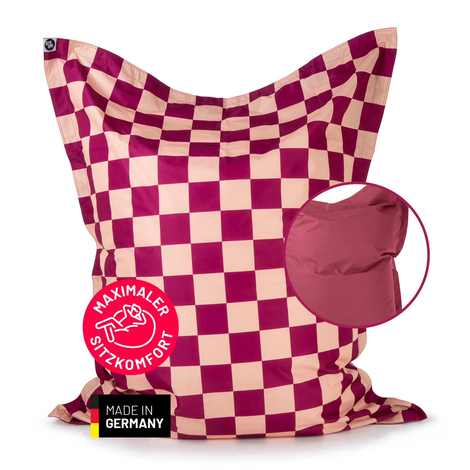 Weinrot-Pfirsich karierter XXL-Sitzsack mit einer vollflächigen weinroten Rückseite mit Hinweis zum Maximalen Sitzkomfort.