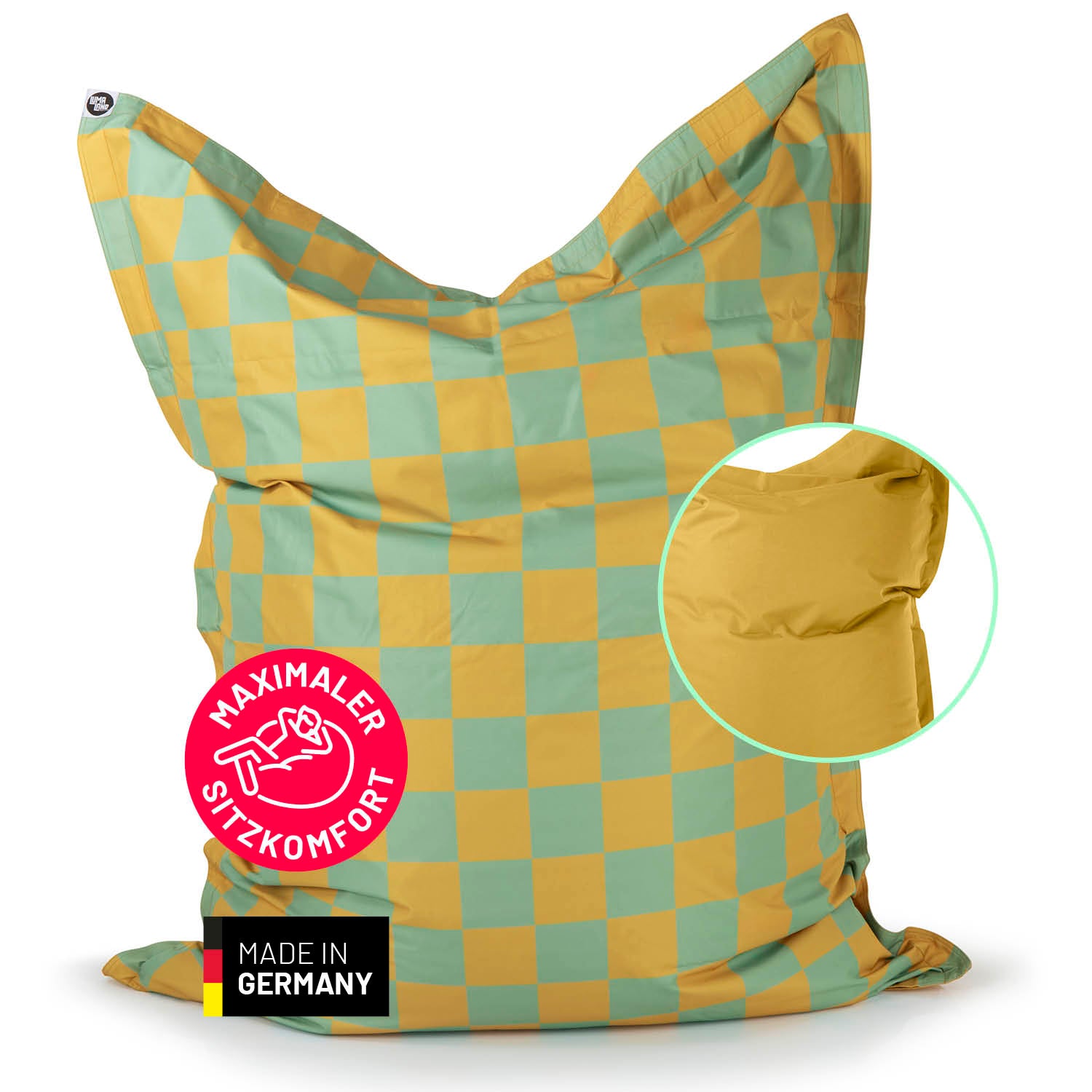 Senfgelb-Pastellgrün karierter XXL-Sitzsack mit einer vollflächigen senfgelben Rückseite mit Hinweis zum Maximalen Sitzkomfort.