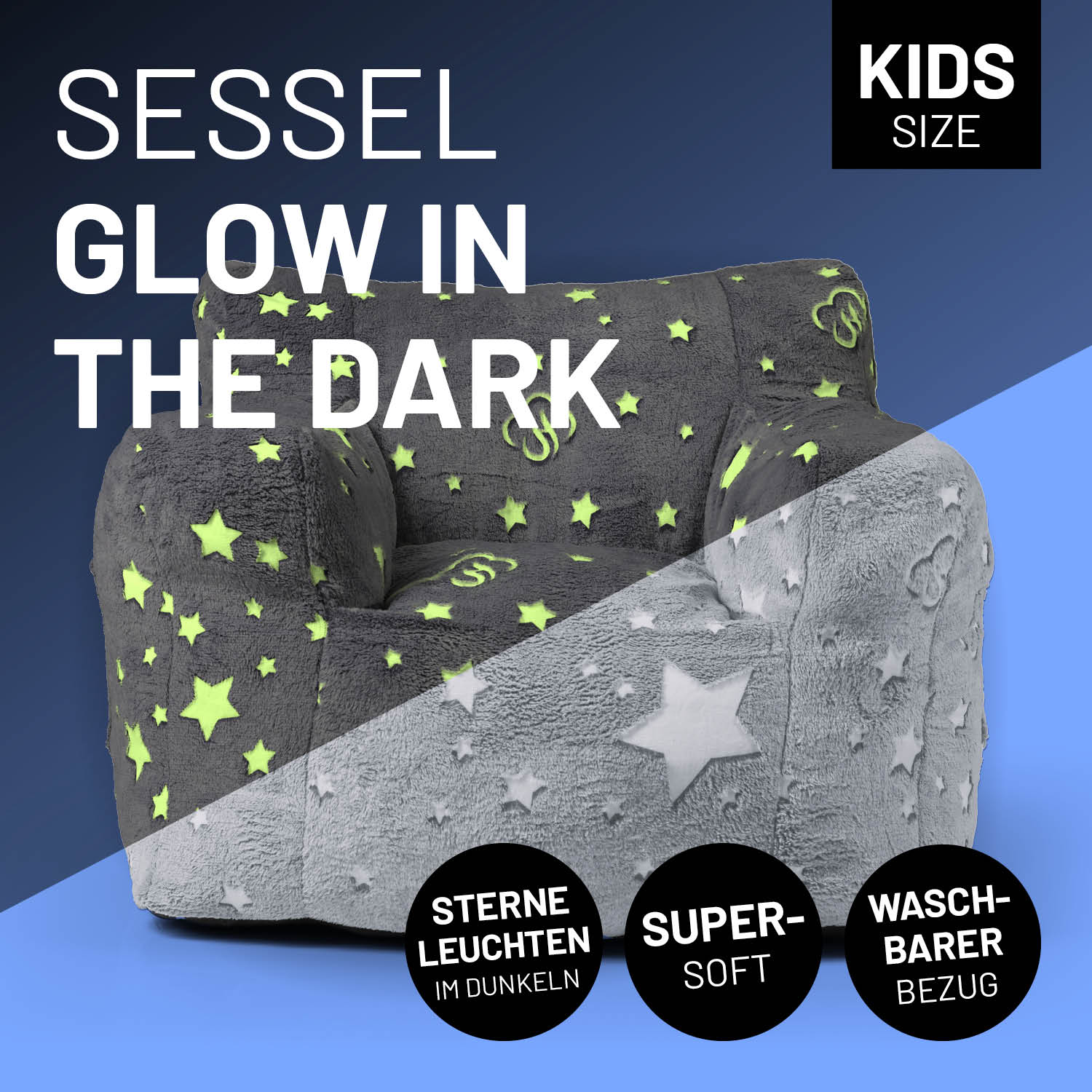 Vergleich des grauen Kids-Sessels tagsüber mit dem Kinder-Sessel bei Dunkelheit wenn die Sterne leuchten.