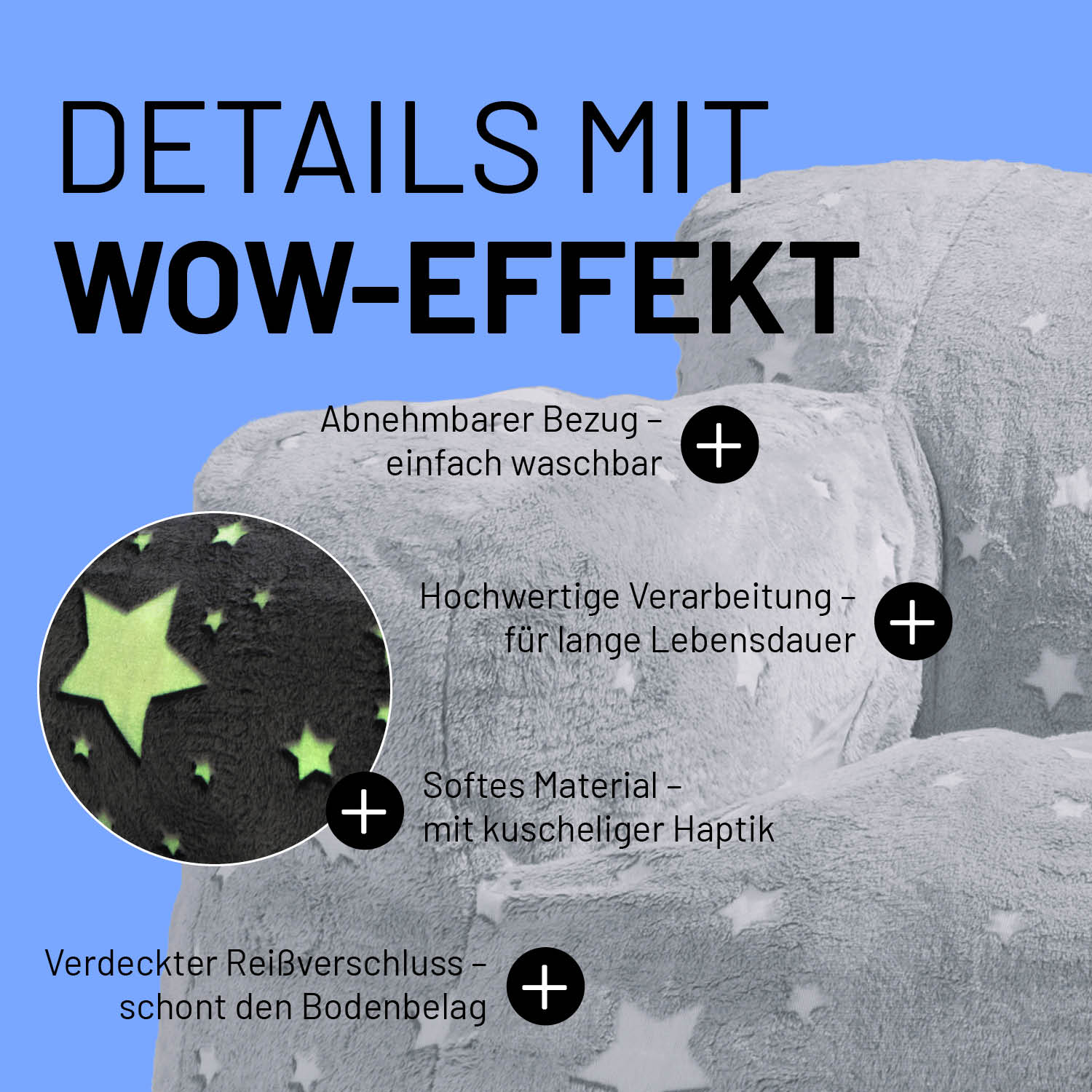 Darstellung aller Details: Abnehmbarer Bezug, hochwertige Verarbeitung, softes Material und ein verdeckter Reißverschluss.