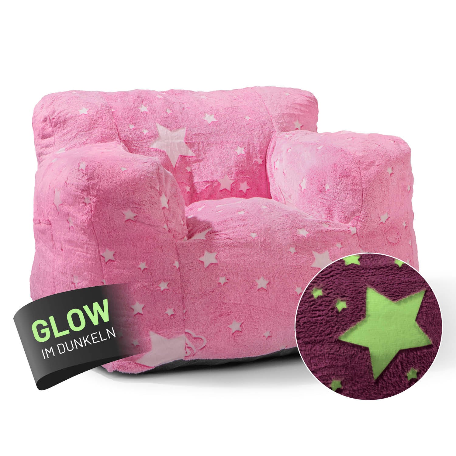 LUMALAND Sitzsack-Sessel für Kinder in Pink im Sternen-Design die im Dunklen leuchten.