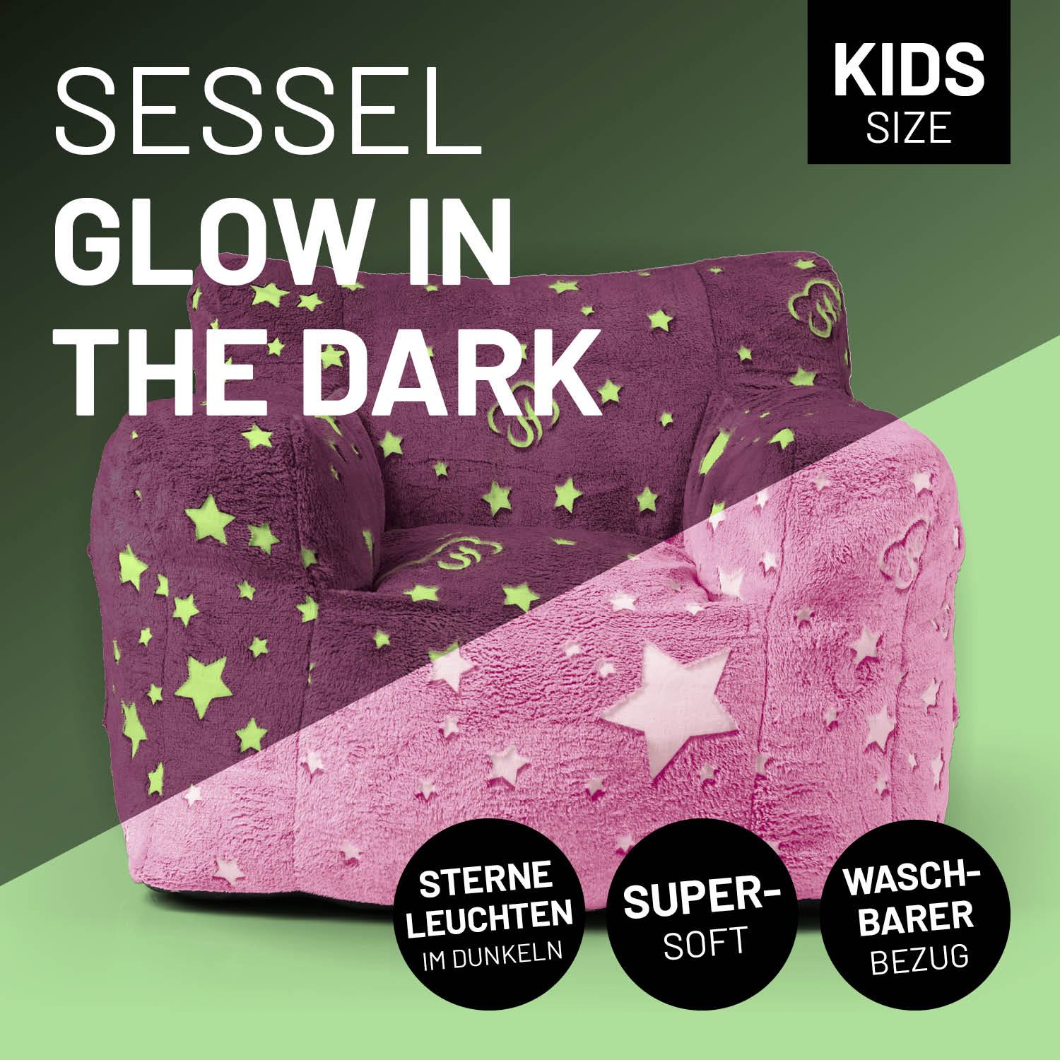 Vergleich des pinken Kids-Sessels tagsüber mit dem Kinder-Sessel bei Dunkelheit wenn die Sterne leuchten.
