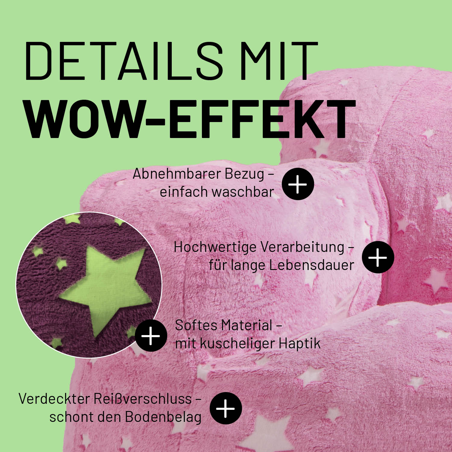 Darstellung aller Details: Abnehmbarer Bezug, hochwertige Verarbeitung, softes Material und ein verdeckter Reißverschluss.