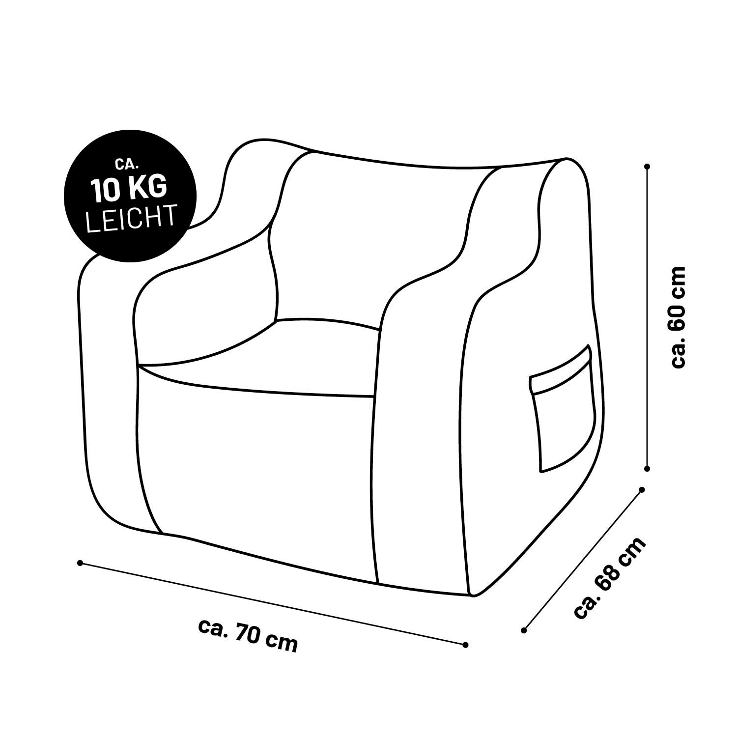 Illustration des LUMALAND Kinder-Sessel "Glow in the Dark" inkl. der Maße (ca. 70 x 68 x 60 cm) + Gewicht (ca. 10 kg).