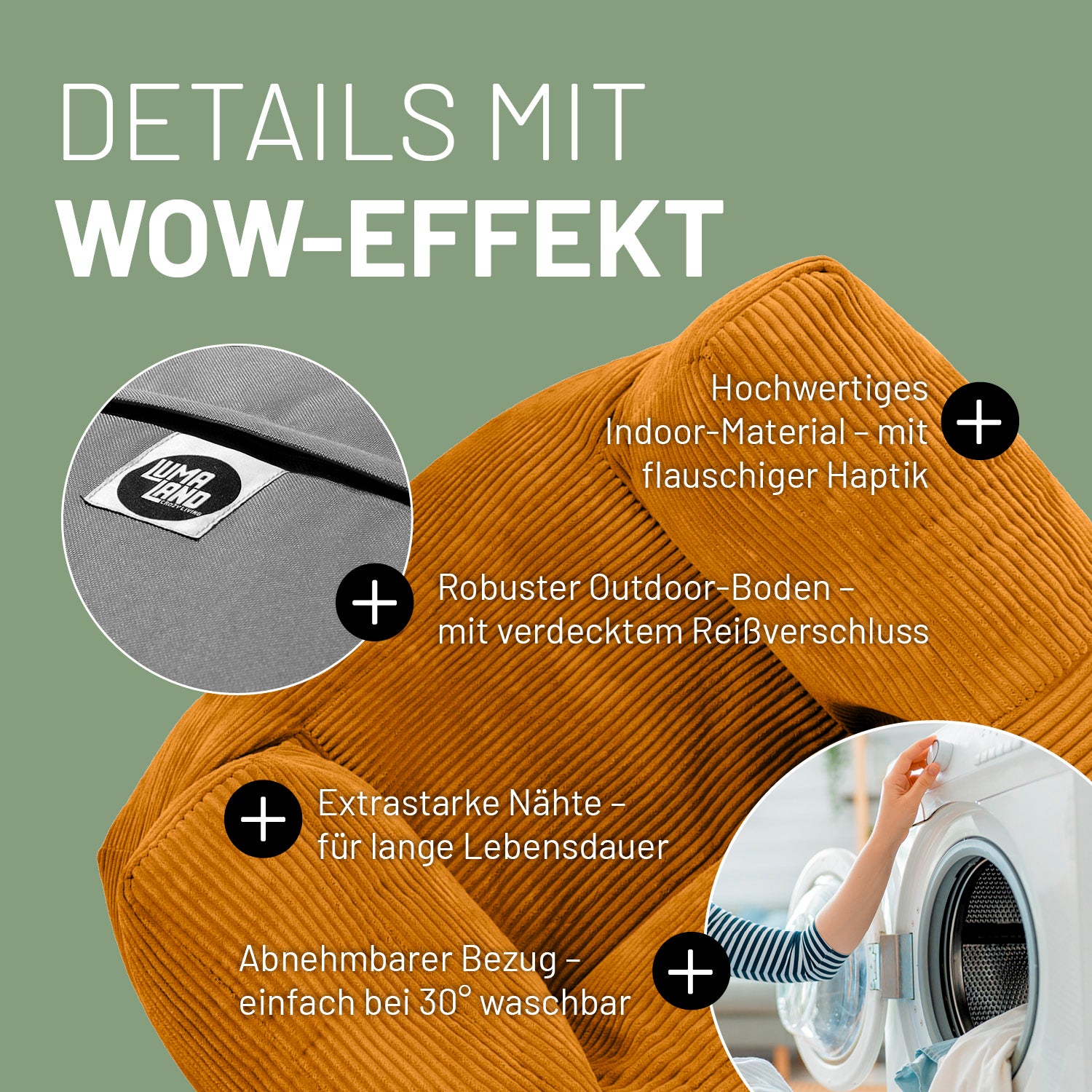 Modularer Sessel in Senfgelb mit Produktinformationen: Verdeckter Reißverschluss, robuste Unterseite, waschbarer Bezug und extrastarke Nähte.
