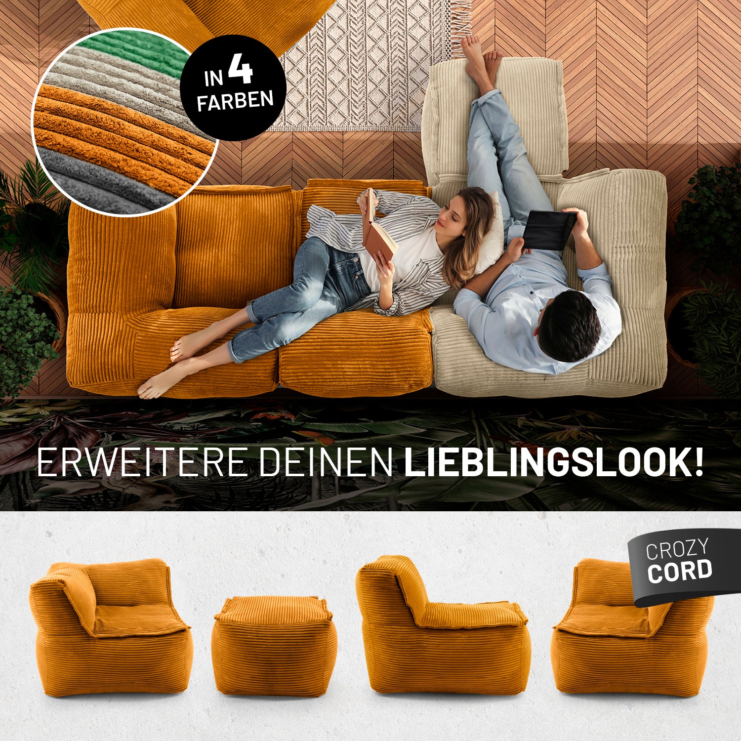 Frau mit Buch und Mann mit Tablet entspannen auf dem Cord-Sofa in einem modernen Wohnzimmer aus der Vogelperspektive - Darunter passende Produkte in anderen Shapes.