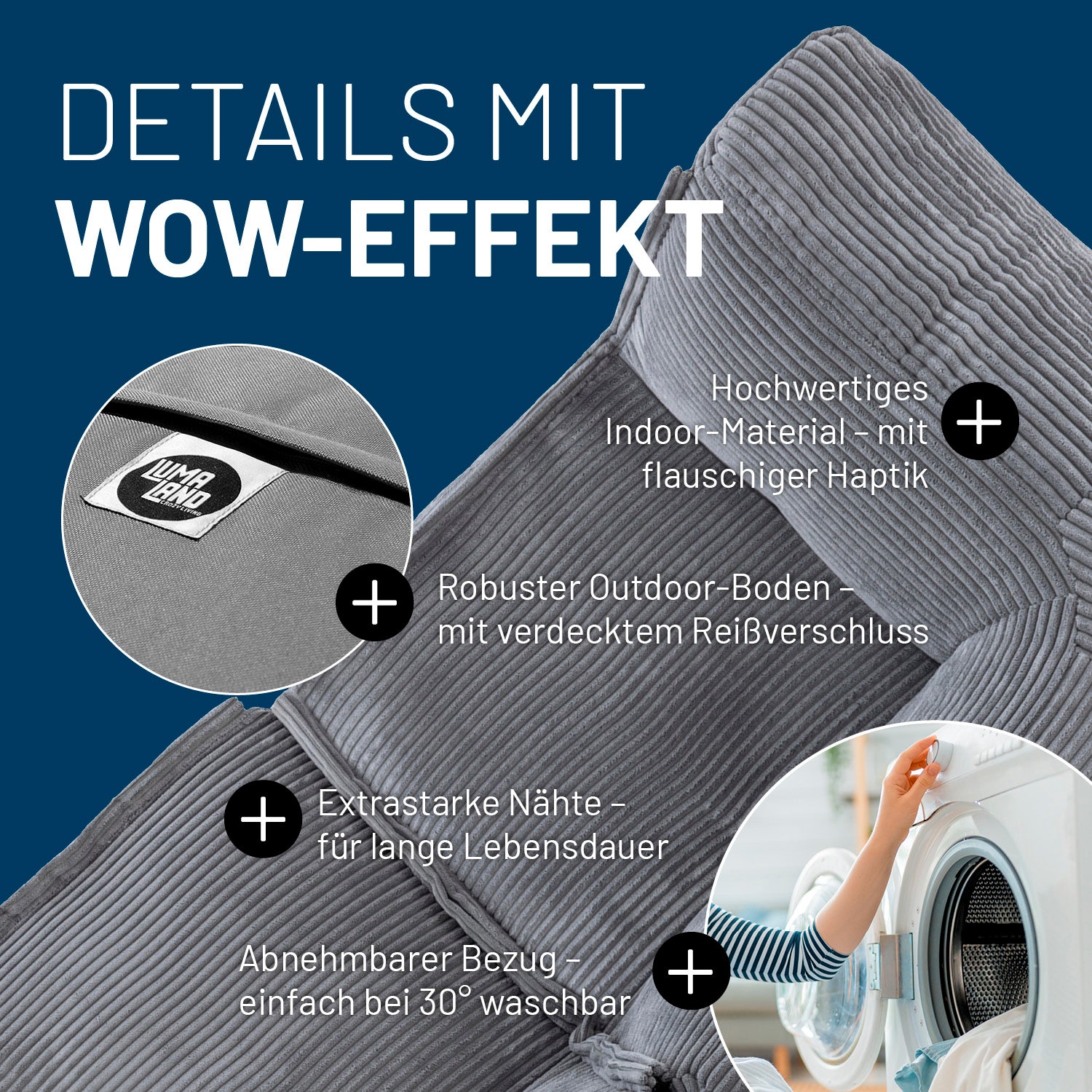 Modulares Eckteil in Grau mit Produktinformationen: Verdeckter Reißverschluss, robuste Unterseite, waschbarer Bezug und extrastarke Nähte.