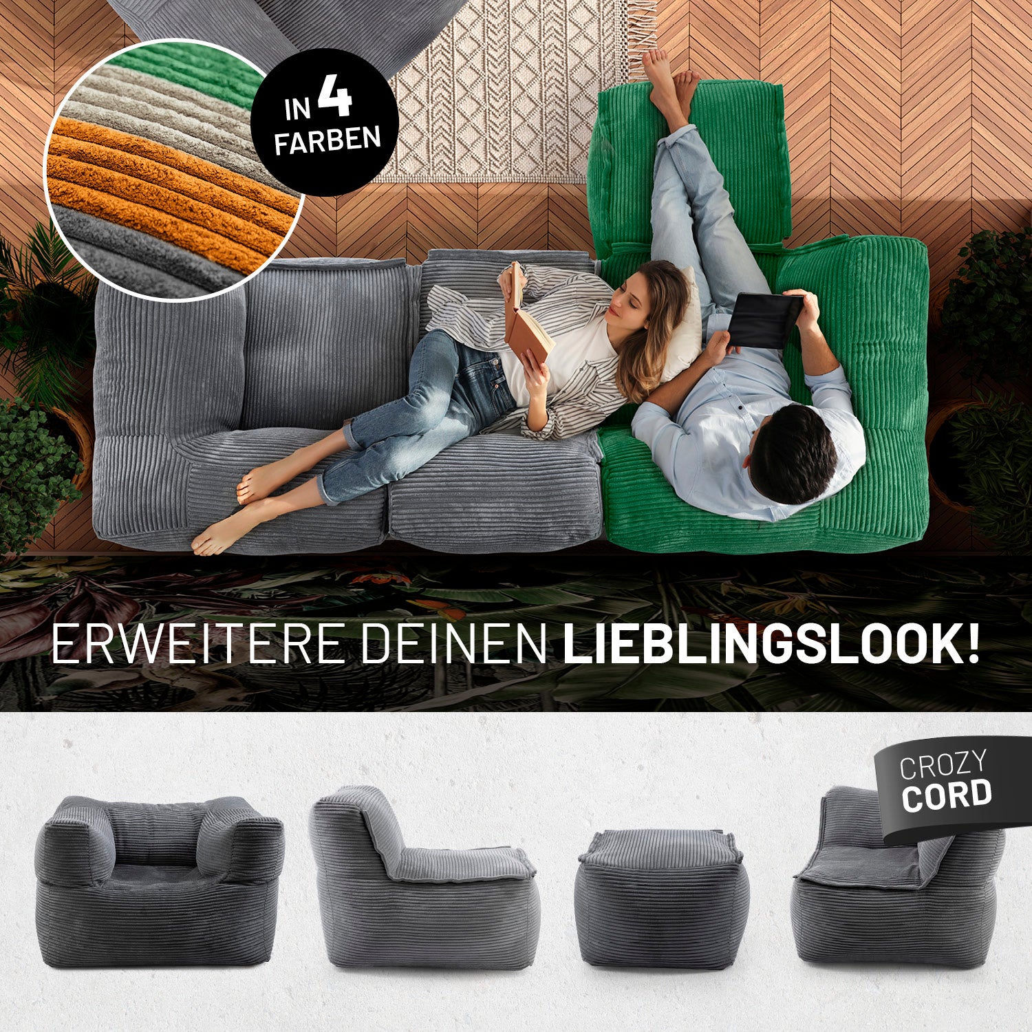 Frau mit Buch und Mann mit Tablet entspannen auf dem Cord-Sofa in einem modernen Wohnzimmer aus der Vogelperspektive - Darunter passende Produkte in anderen Shapes.