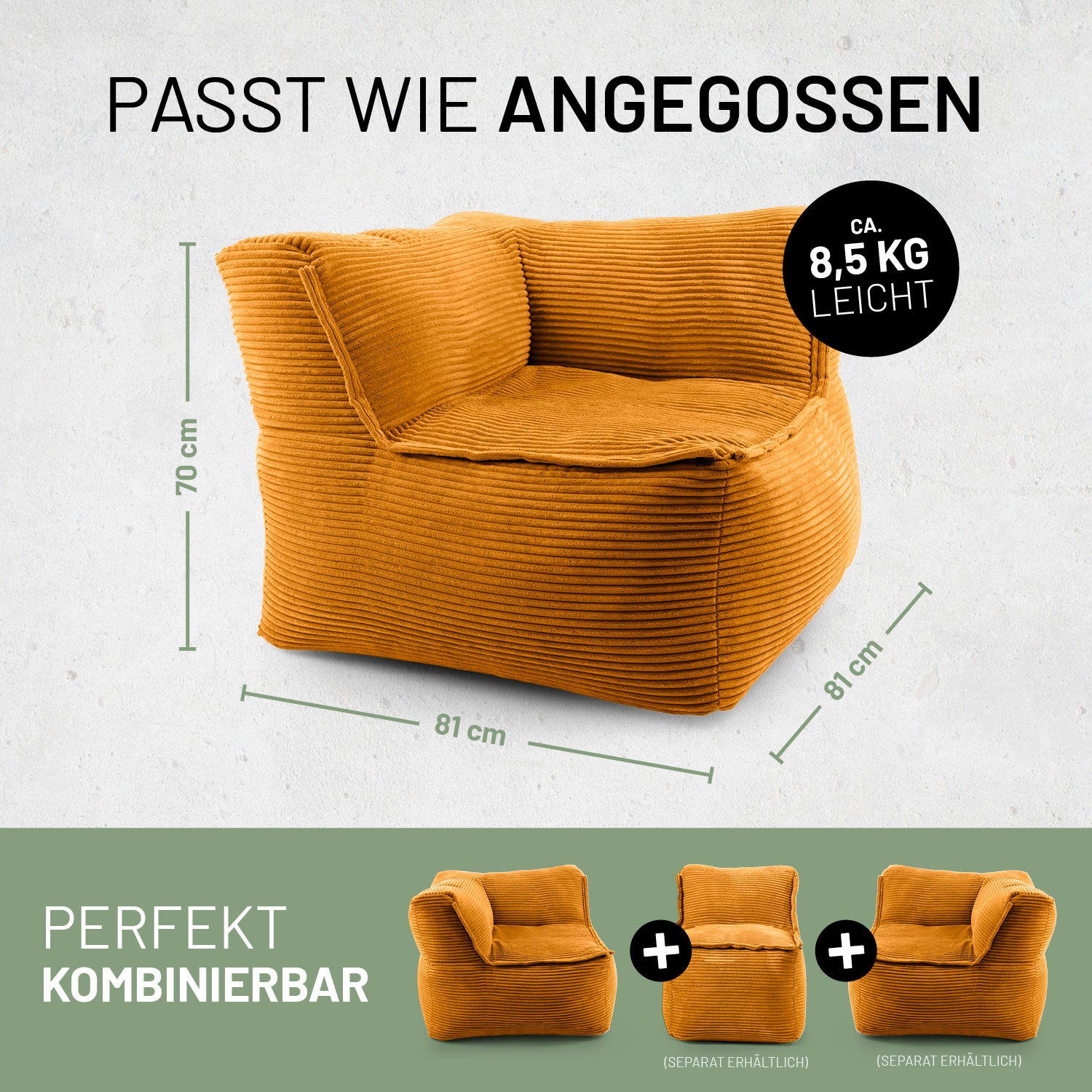Senfgelbe, weich gepolsterte Ecke mit Maßen 81×81×70 cm Maßen und ca. 8,5 kg Gewicht, perfekt kombinierbar mit weiteren modularen Sitzelementen.