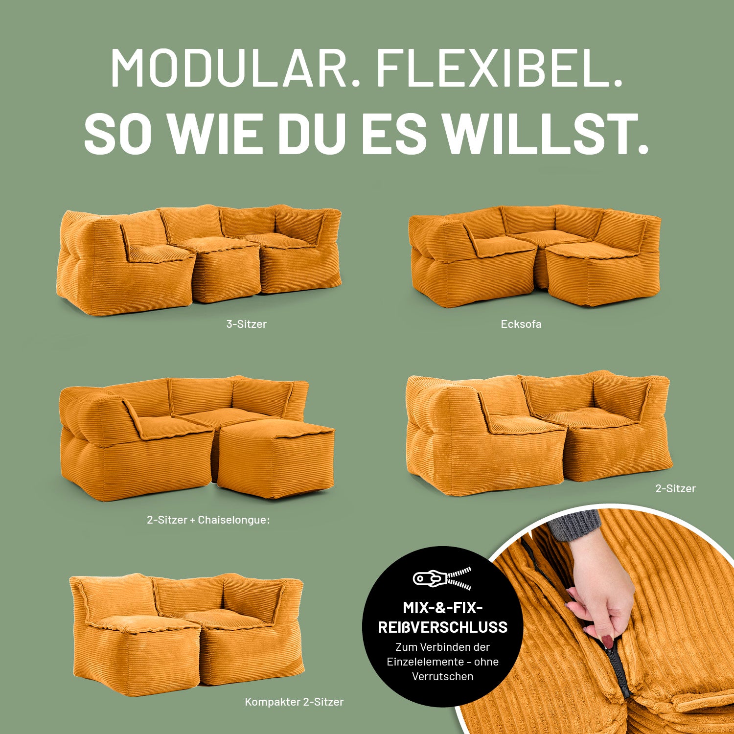 Verschiedene Kombinationsmöglichkeiten des Modularen Systems dank Mix-&-Fix-Reißverschluss.