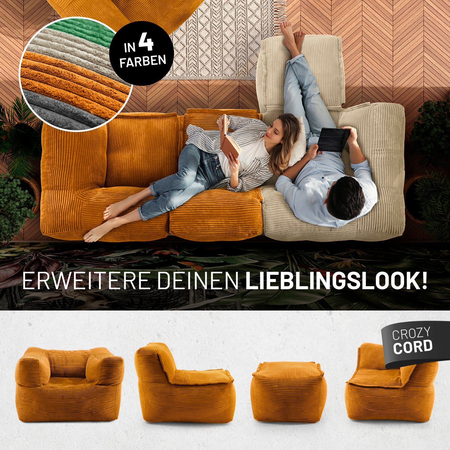 Frau mit Buch und Mann mit Tablet entspannen auf dem Cord-Sofa in einem modernen Wohnzimmer aus der Vogelperspektive - Darunter passende Produkte in anderen Shapes.