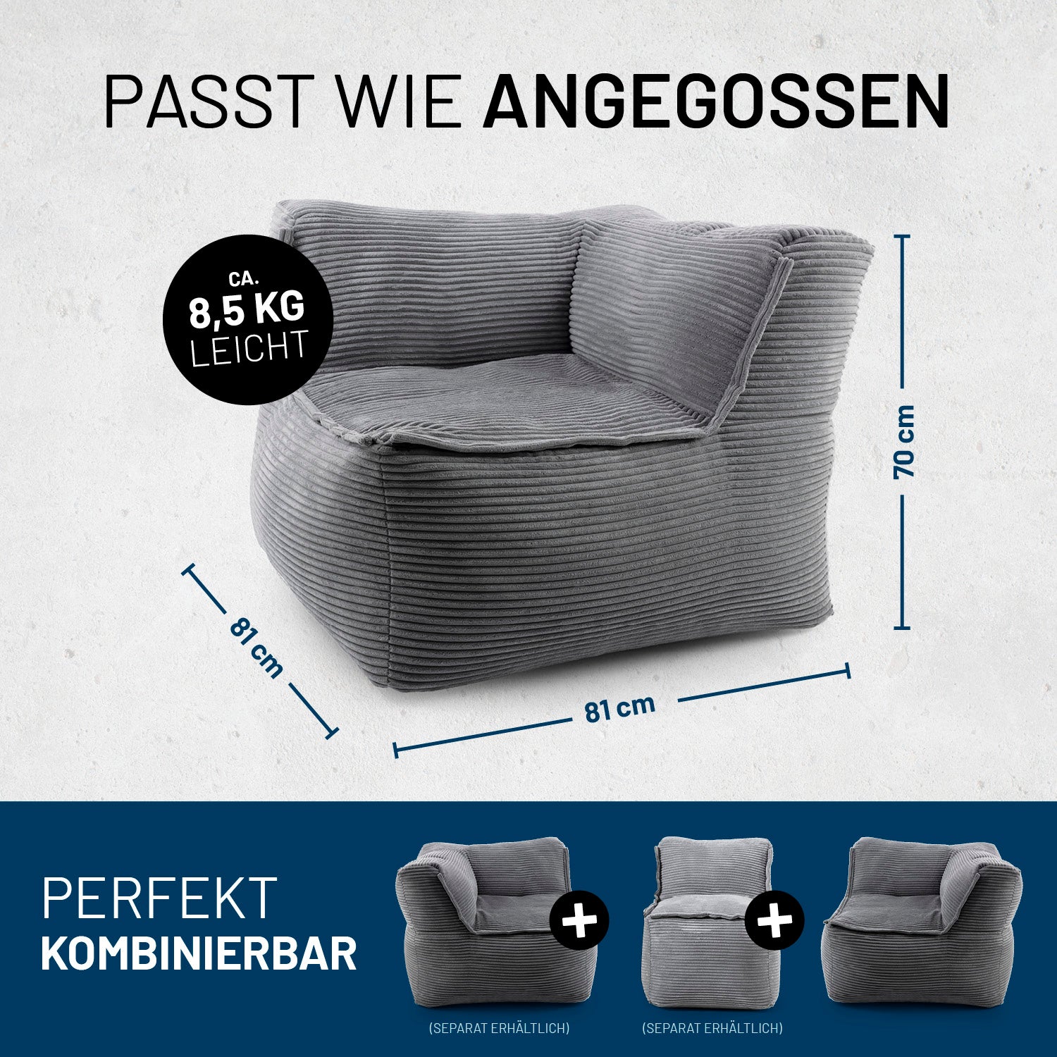 Graue, weich gepolsterte Ecke mit Maßen 81×81×70 cm Maßen und ca. 8,5 kg Gewicht, perfekt kombinierbar mit weiteren modularen Sitzelementen.