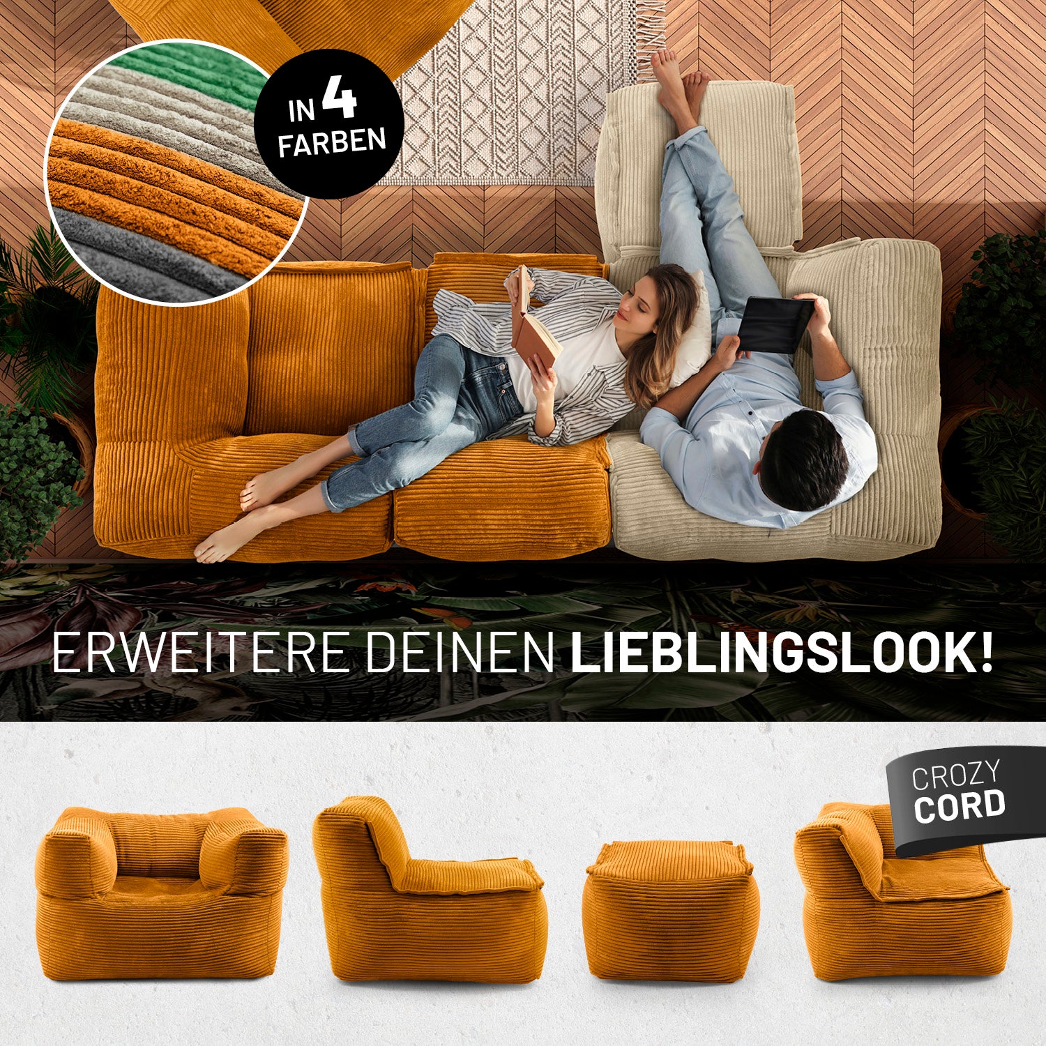 Frau mit Buch und Mann mit Tablet entspannen auf dem Cord-Sofa in einem modernen Wohnzimmer aus der Vogelperspektive - Darunter passende Produkte in anderen Shapes.