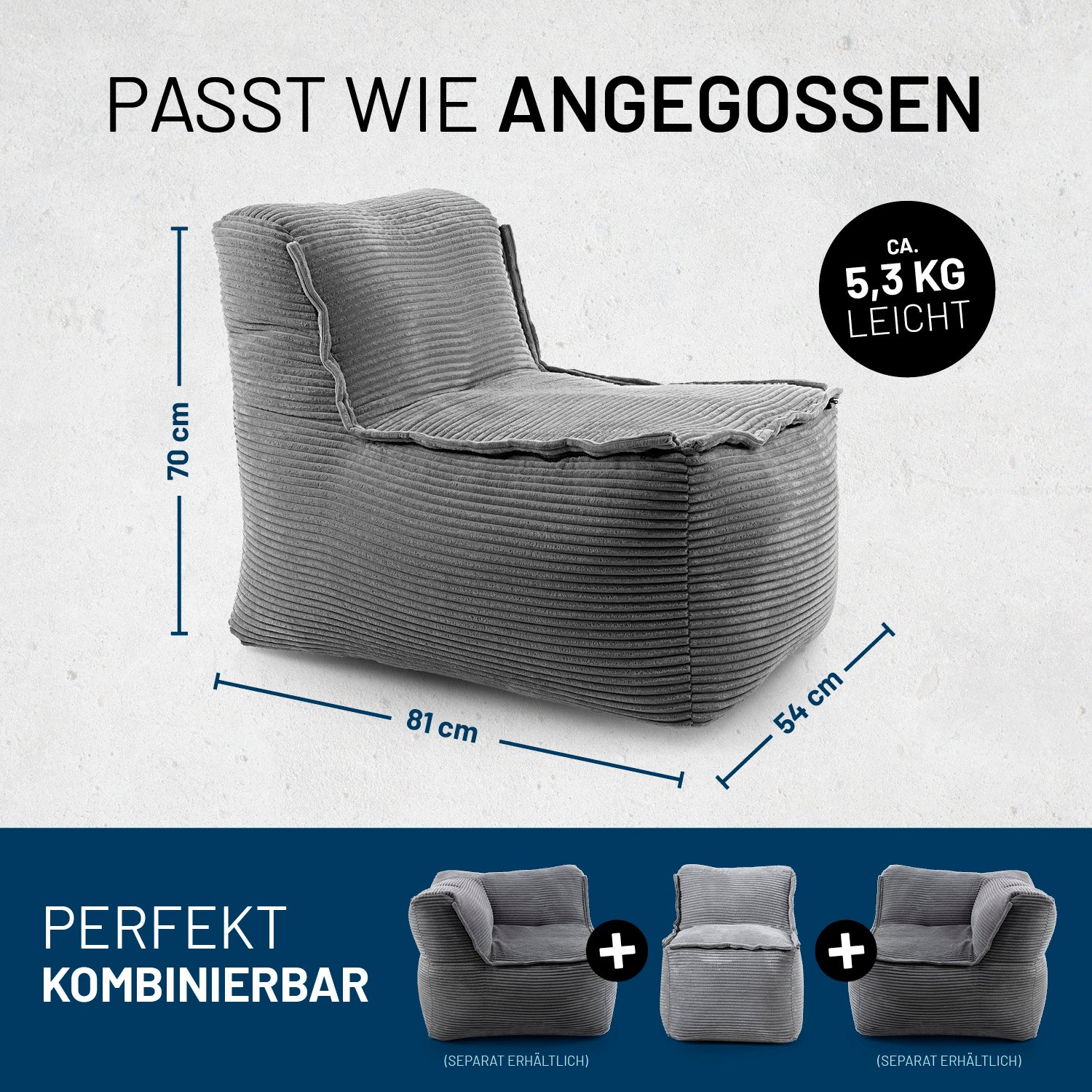 Grauer Lounge-Sitz ohne Armlehnen, mit Maßen 81×54×70 cm und ca 5,3 kg, perfekt kombinierbar mit weiteren modularen Sitzelementen.