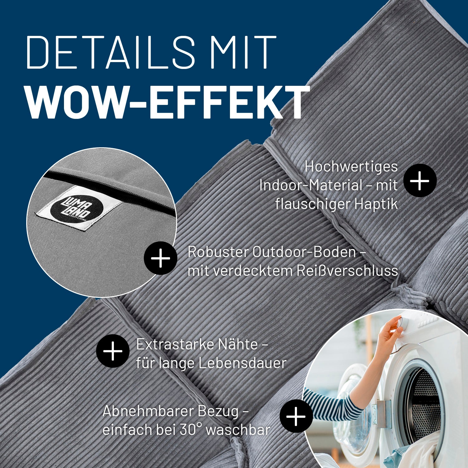 Modulares Mittelteil in Grau mit Produktinformationen: Verdeckter Reißverschluss, robuste Unterseite, waschbarer Bezug und extrastarke Nähte.