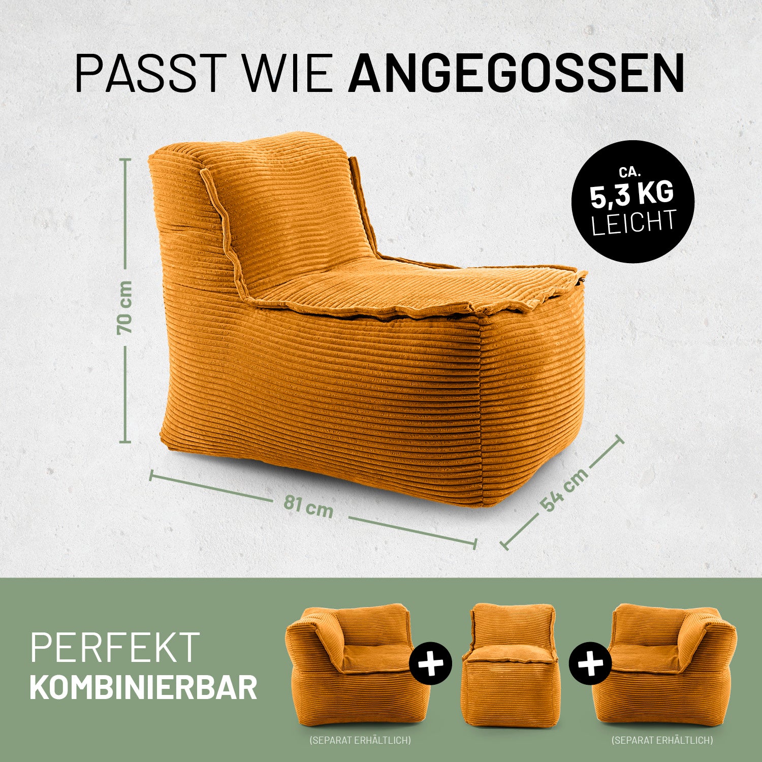 Senfgelber Lounge-Sitz ohne Armlehnen, mit Maßen 81×54×70 cm und ca 5,3 kg, perfekt kombinierbar mit weiteren modularen Sitzelementen.