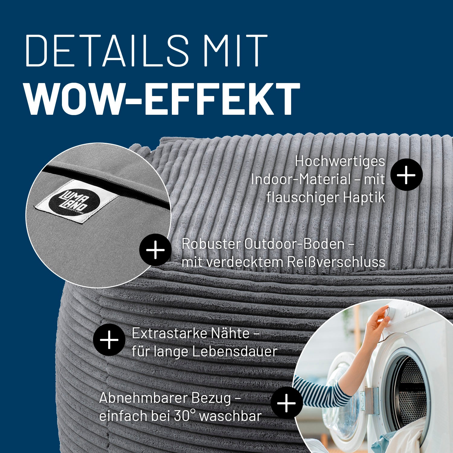 Modularer Hocker in Grau mit Produktinformationen: Verdeckter Reißverschluss, robuste Unterseite, waschbarer Bezug und extrastarke Nähte.