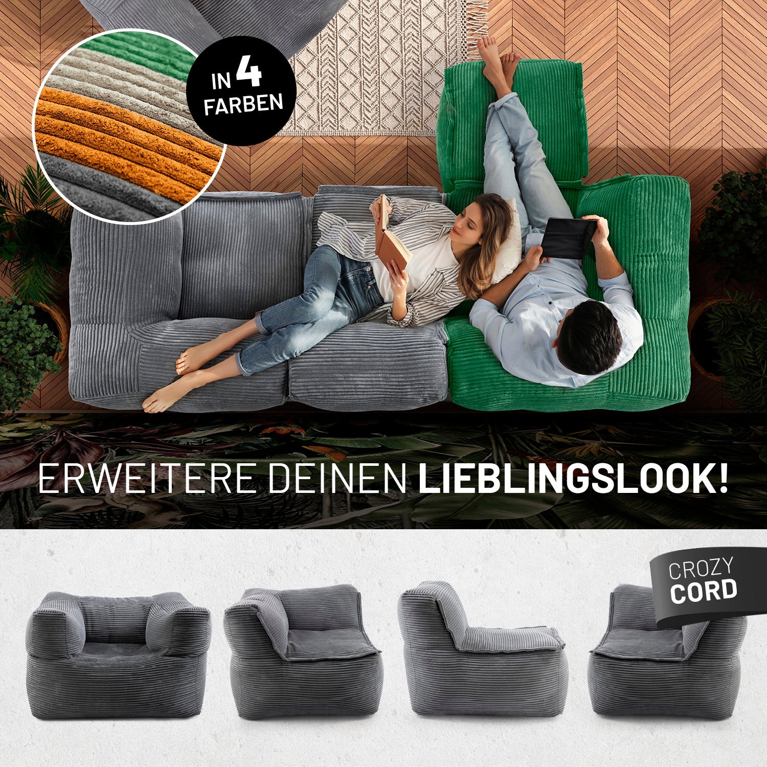 Frau mit Buch und Mann mit Tablet entspannen auf dem Cord-Sofa in einem modernen Wohnzimmer aus der Vogelperspektive - Darunter passende Produkte in anderen Shapes.