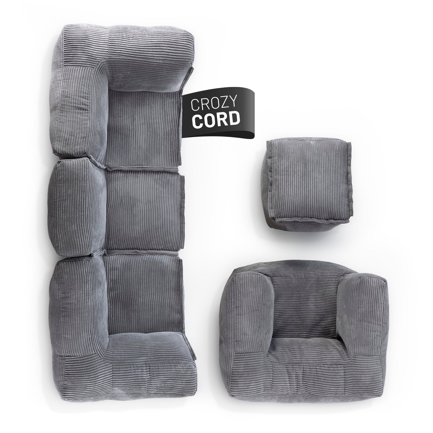 LUMALAND Modulares System aus der CORD-Reihe in Grau im 5er-Set bestehend aus Eckteilen, Mittelteil, Sessel und Hocker.