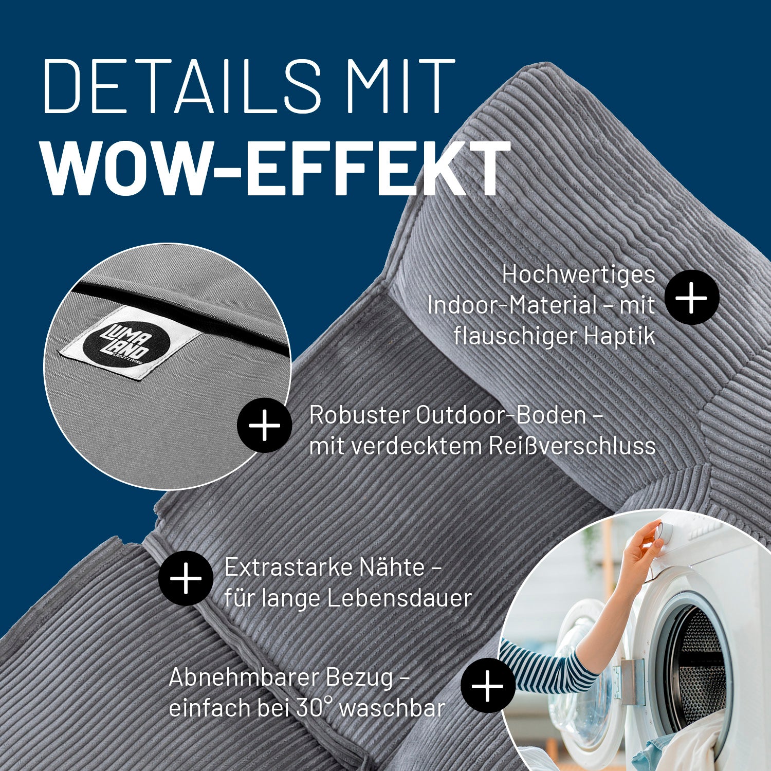 Modulares System in Grau mit Produktinformationen: Verdeckter Reißverschluss, robuste Unterseite und waschbarer Bezug.