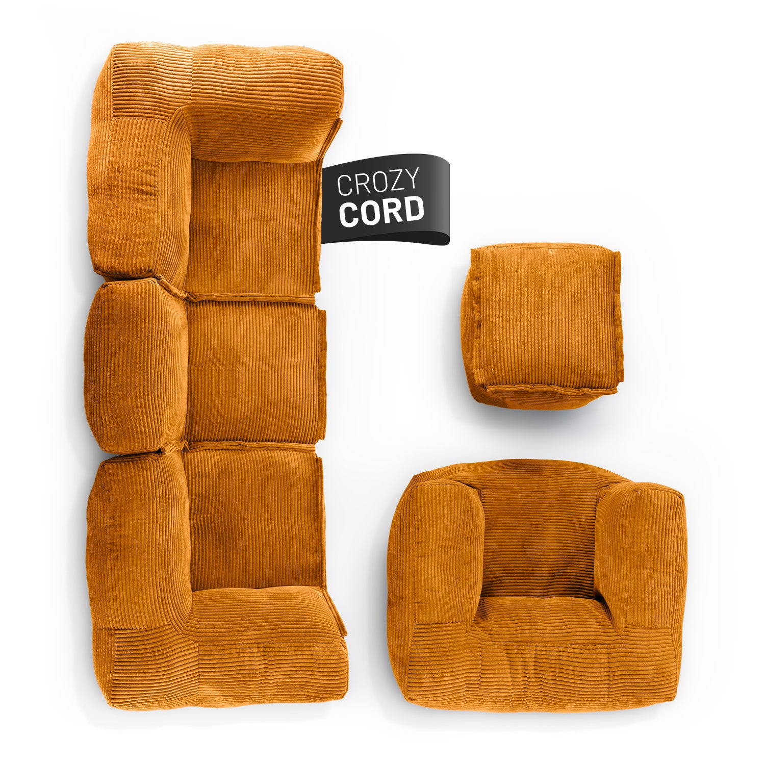 LUMALAND Modulares System aus der CORD-Reihe in Senfgelb im 5er-Set bestehend aus Eckteilen, Mittelteil, Sessel und Hocker.