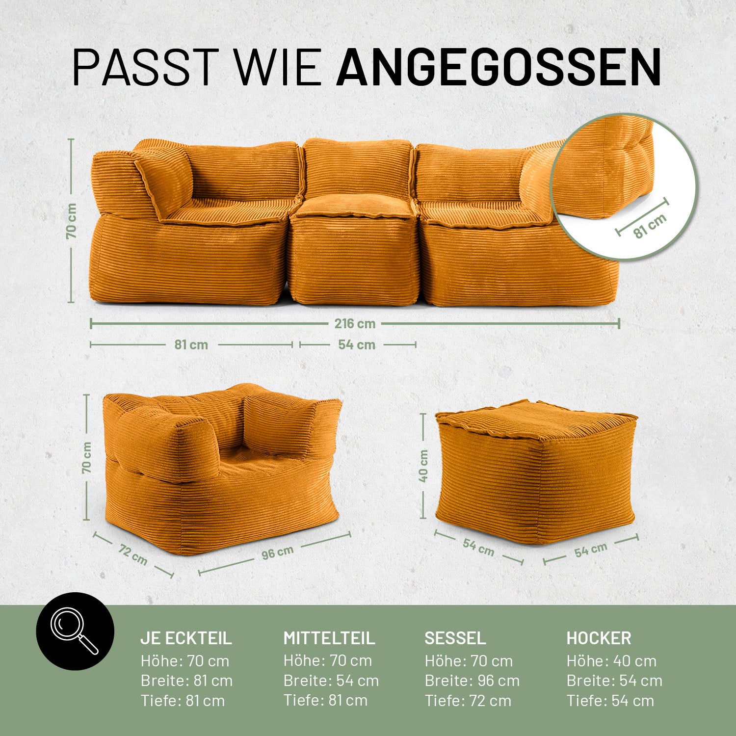 Alle einzelnen Module des 5-teiligen Basic-Sets in Senfgelb aus der LUMALAND CORD-Reihe inkl. Maßangaben.