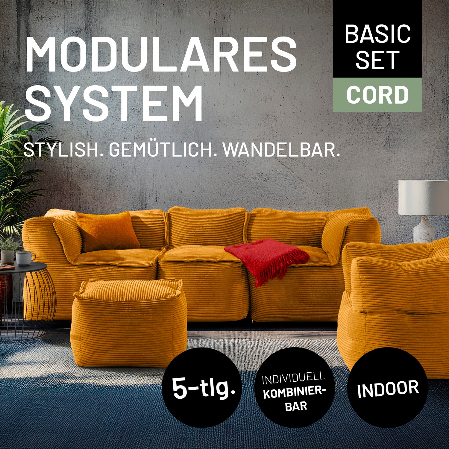 Moderner Wohnraum mit dem senfgelben Basic-Set verbunden zu einem Sitzsofa und freistehenden Cord-Sessel und Cord-Hocker - "Individuell kombinierbar" und "Indoor"-Icons.