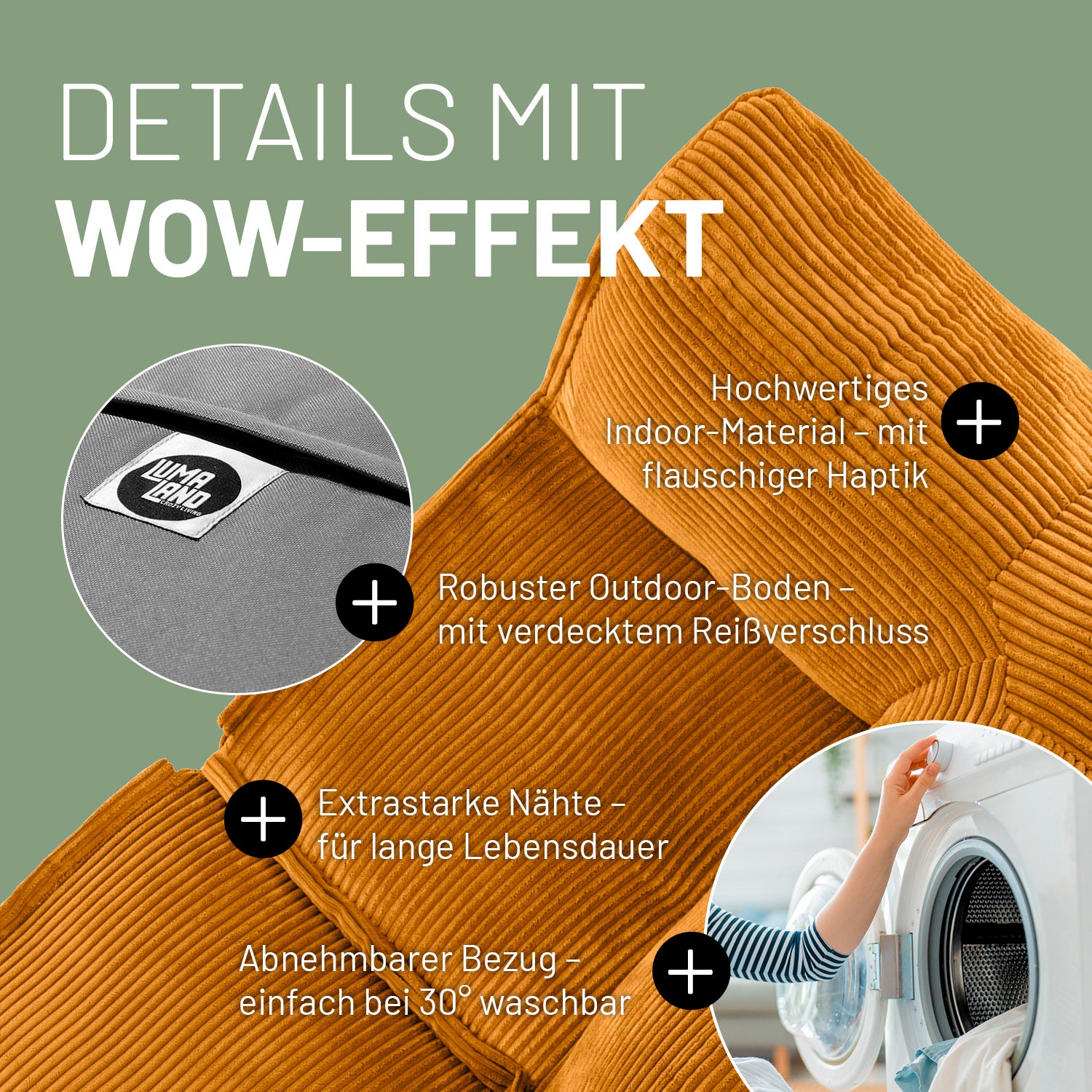 Modulares System in Senfgelb mit Produktinformationen: Verdeckter Reißverschluss, robuste Unterseite und waschbarer Bezug.