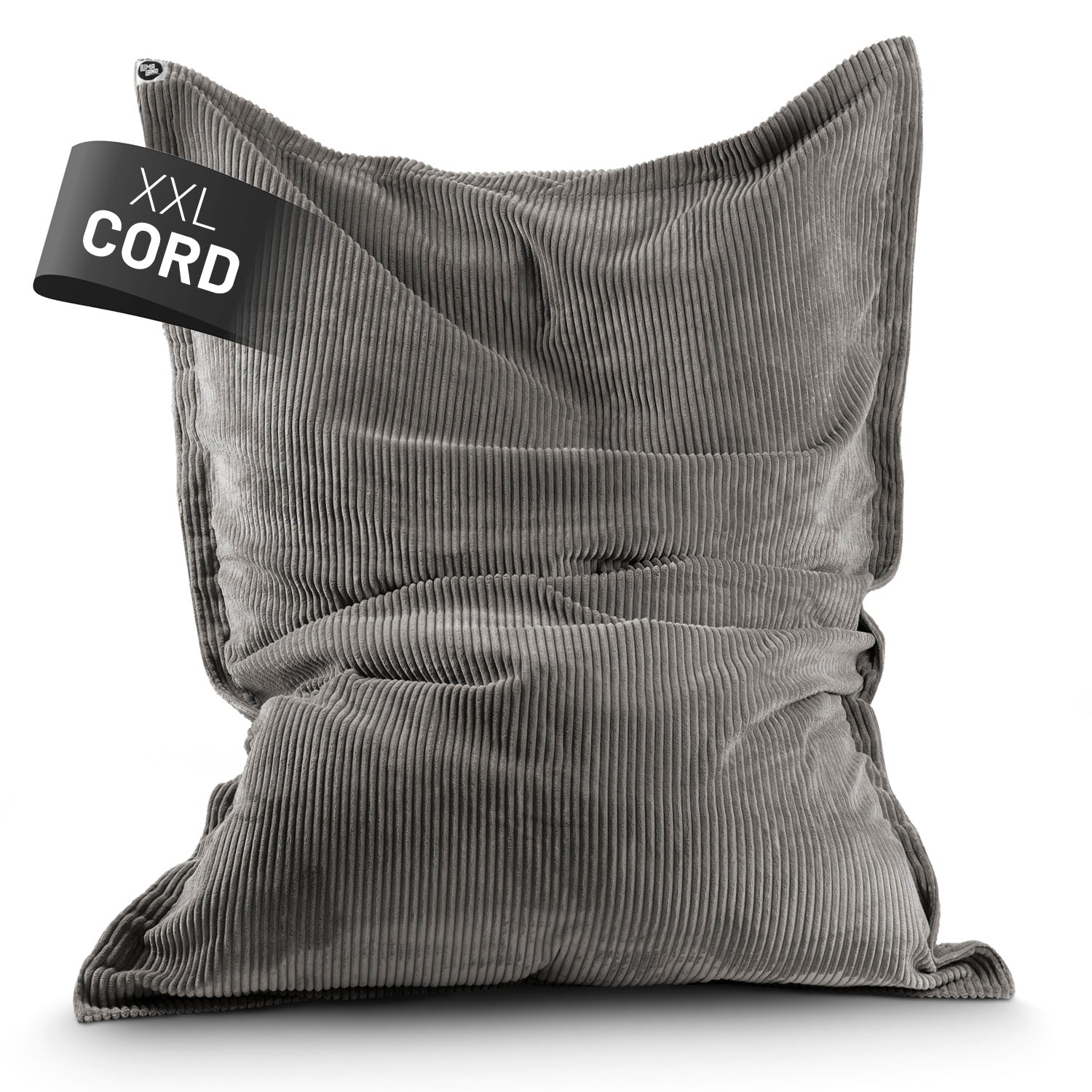 LUMALAND XXL Sitzsack Cord in Grau vor weißem Hintergrund und einem Label "XXL Cord".