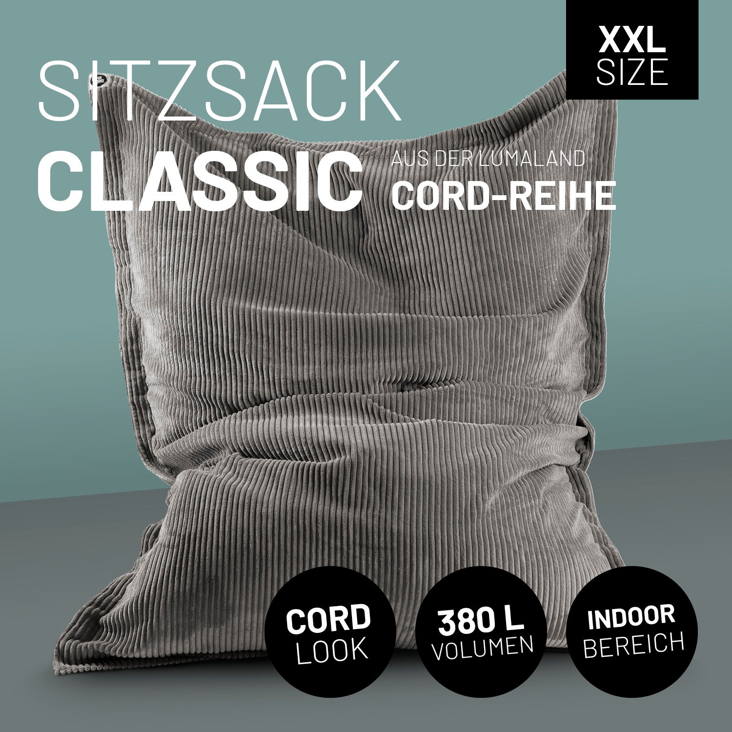 XXL Sitzsack Cord in Grau mit Icons "XXL Size", "Cord Look", "380 L Volumen" und "Indoor Bereich".