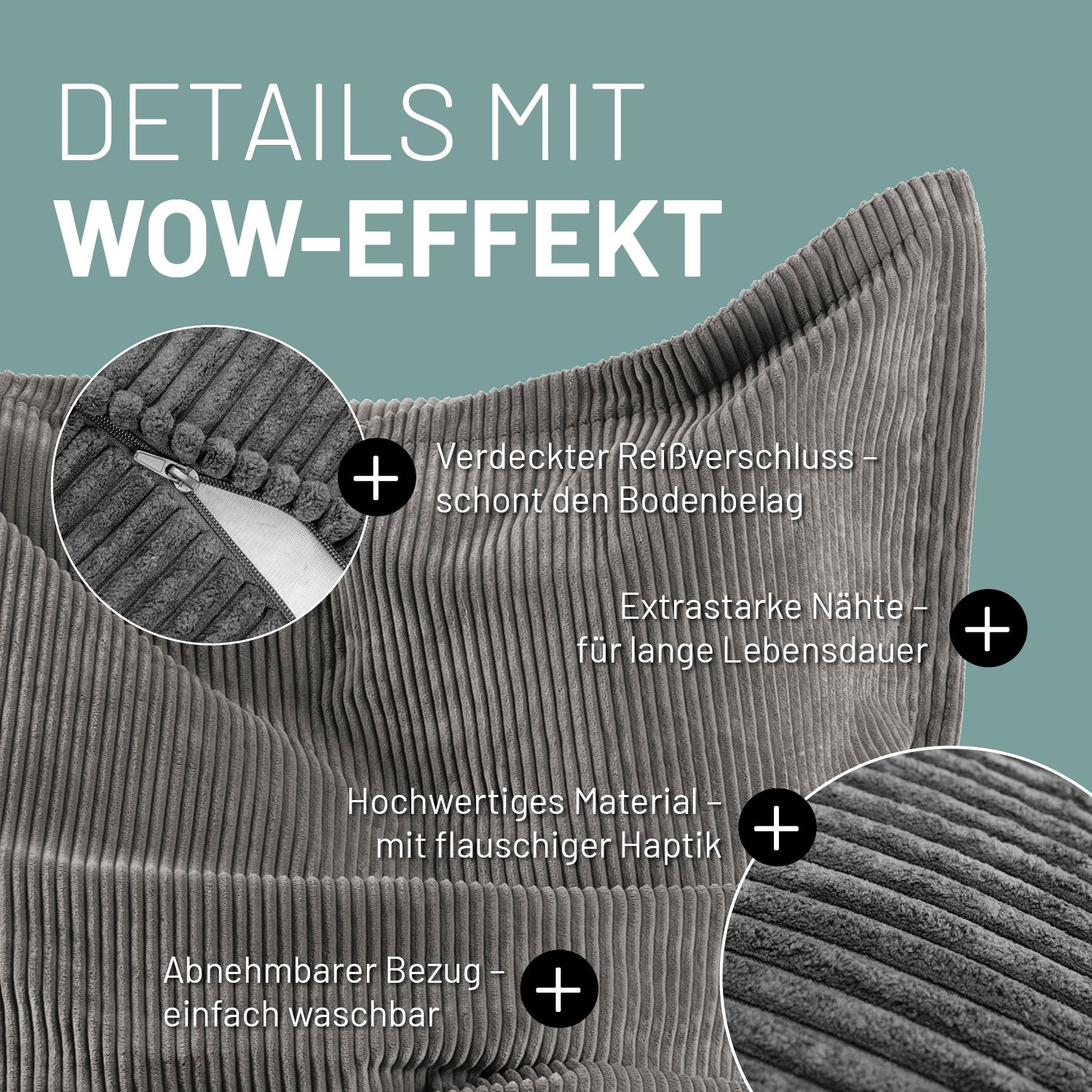 Grauer Cord-Sitzsack im Detail mit Informationen zu "Verdeckter Reißverschluss", "Extrastarke Nähte" und "Waschbarer Bezug".