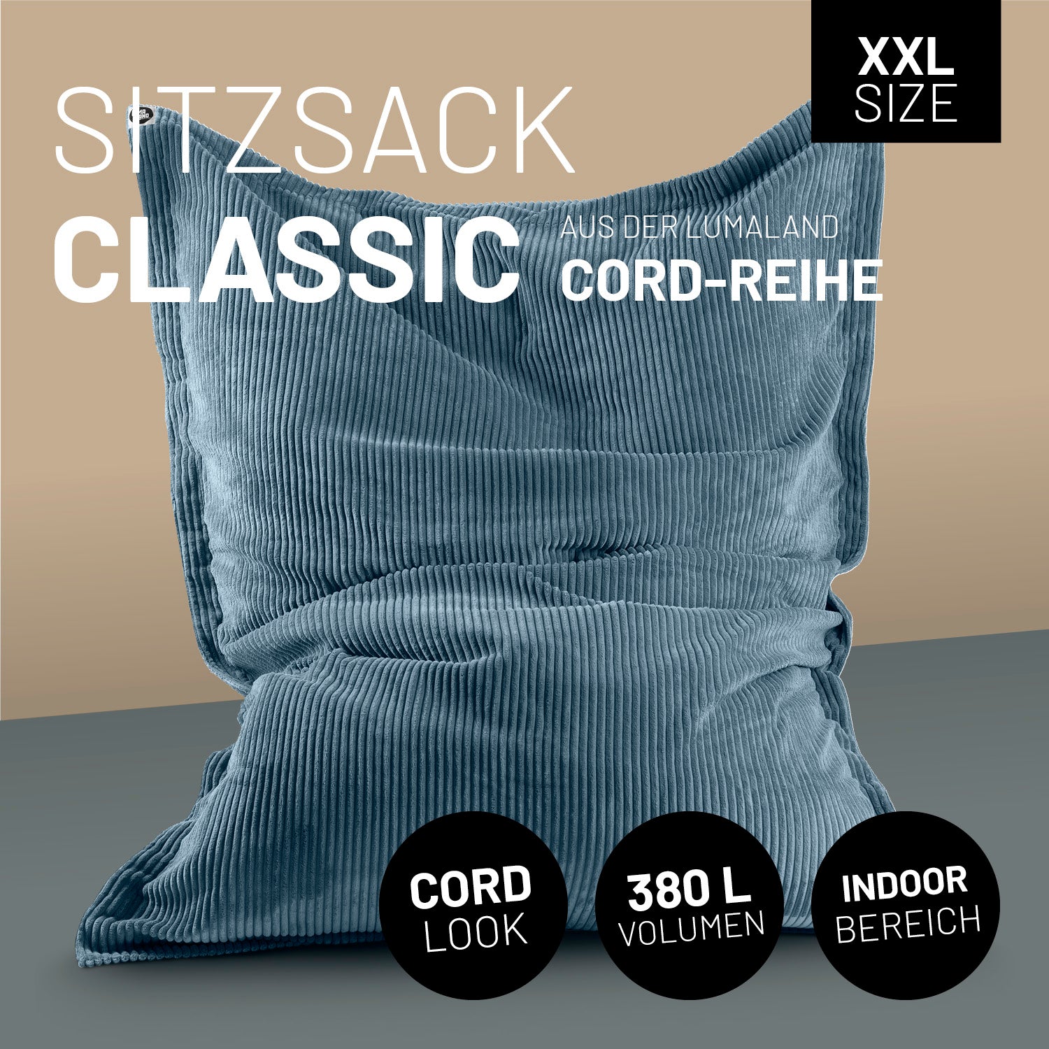 XXL Sitzsack Cord in Blau mit Icons "XXL Size", "Cord Look", "380 L Volumen" und "Indoor Bereich".