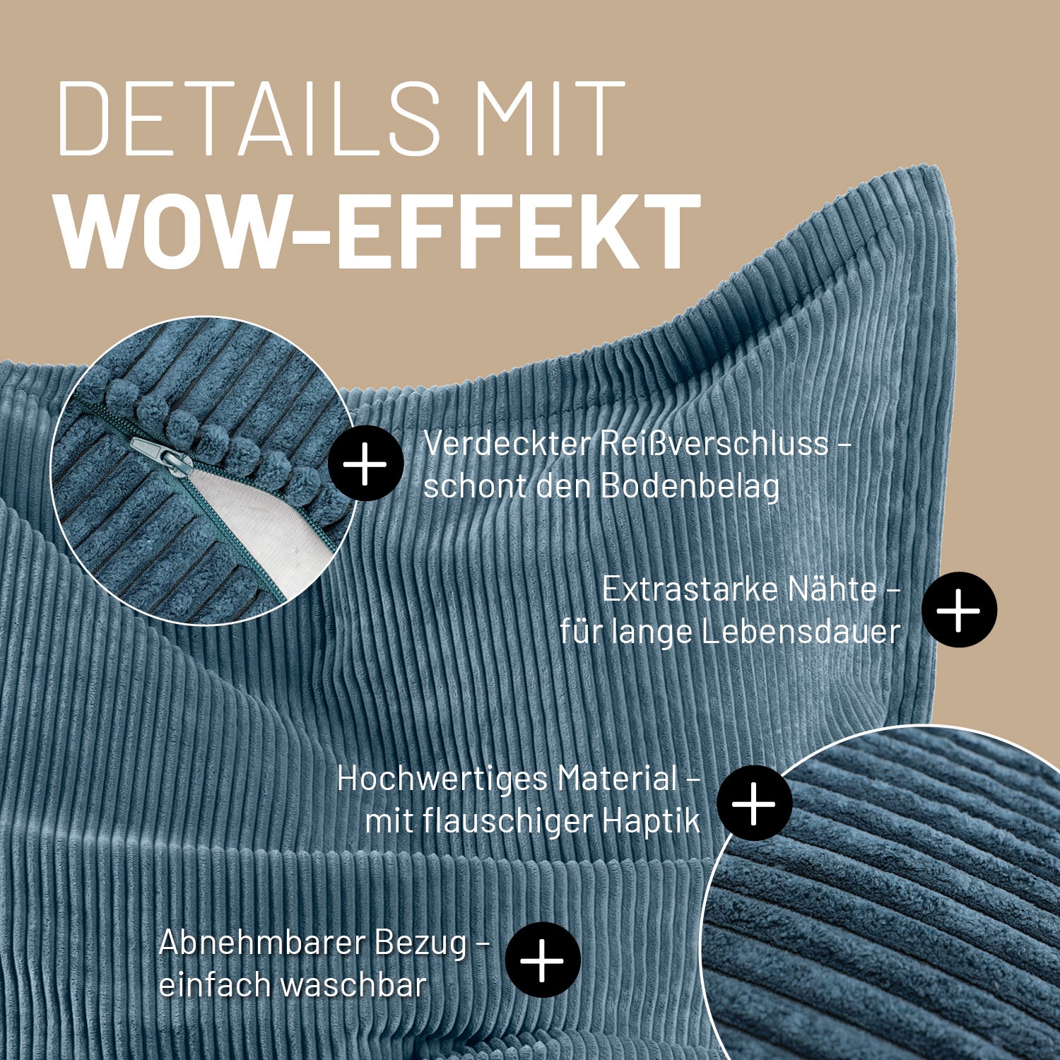 Navyblauer Cord-Sitzsack im Detail mit Informationen zu "Verdeckter Reißverschluss", "Extrastarke Nähte" und "Waschbarer Bezug".