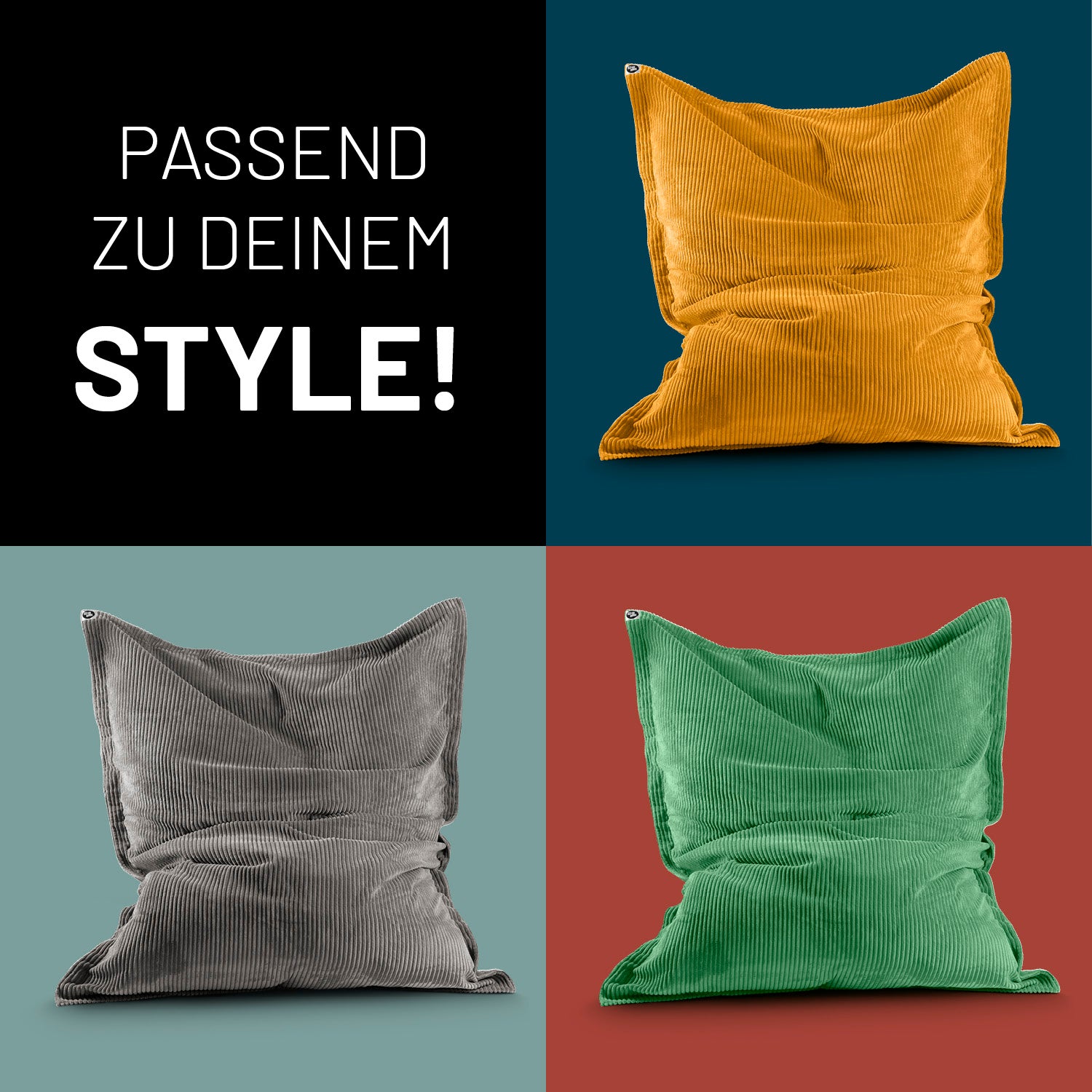 Drei verschiedene Farben des LUMALAND XXL Sitzsack aus der Cord-Reihe vor Kontrastfarben in Kacheln - Passend zu deinem Style!