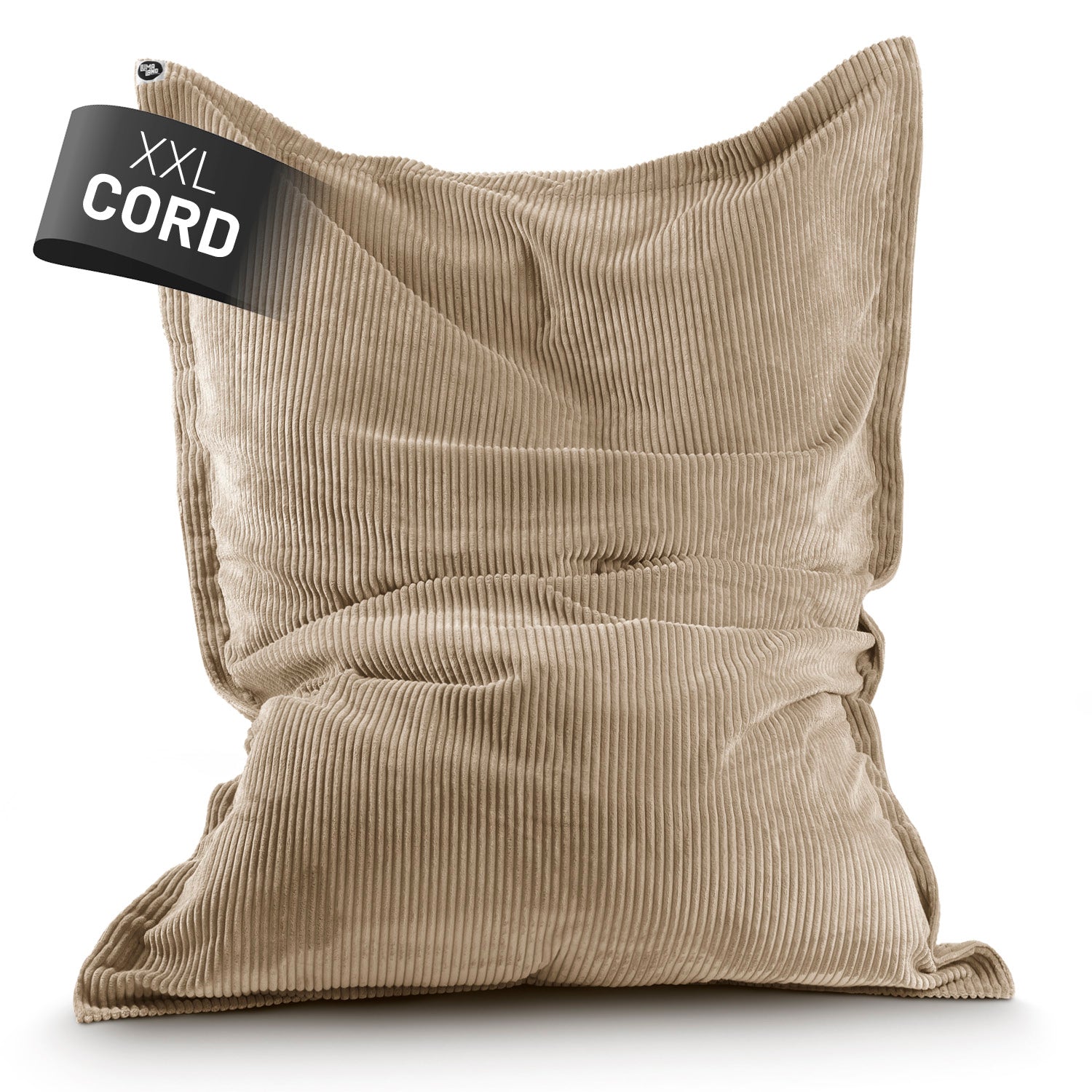 LUMALAND XXL Sitzsack Cord in Beige vor weißem Hintergrund und einem Label "XXL Cord".