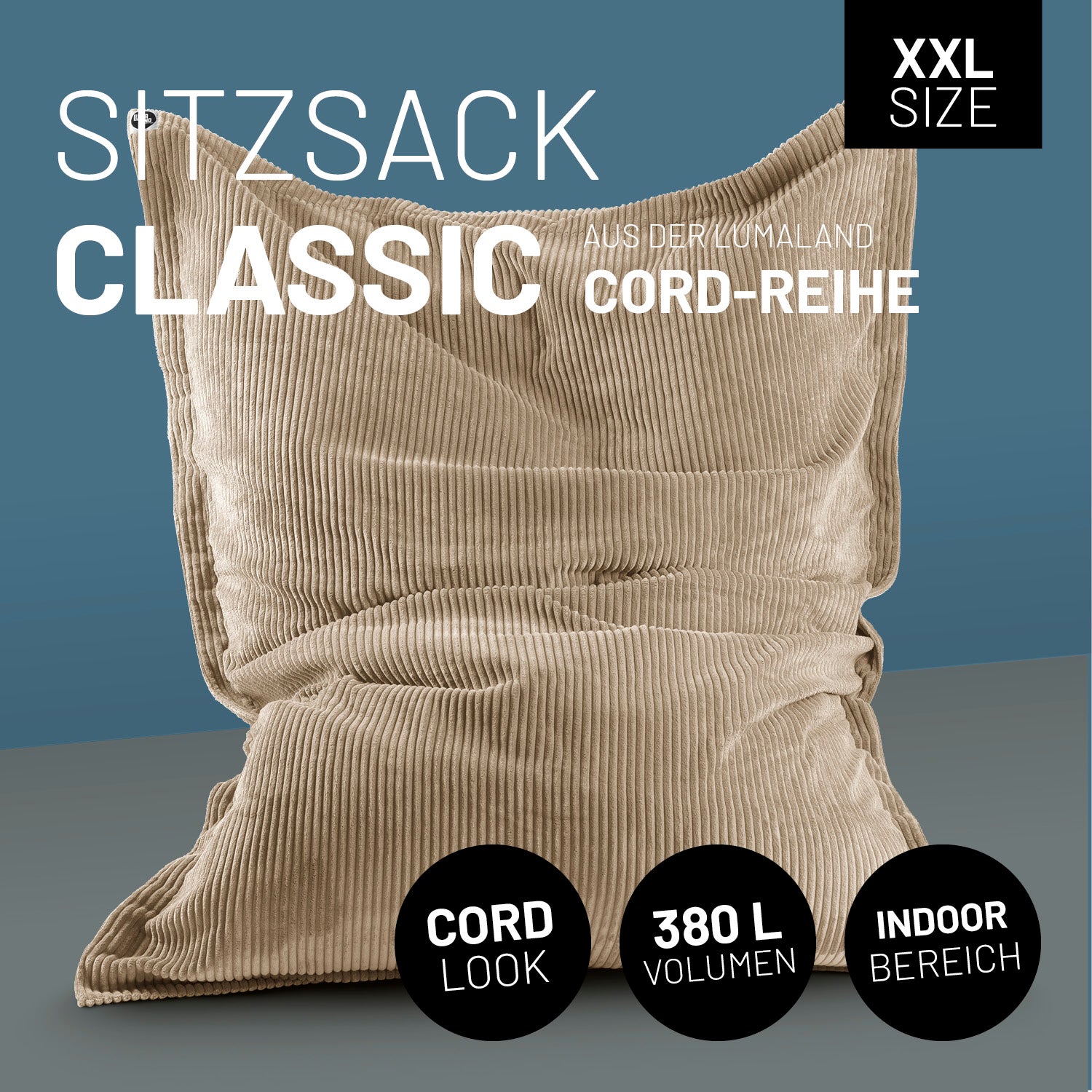 XXL Sitzsack Cord in Beige mit Icons "XXL Size", "Cord Look", "380 L Volumen" und "Indoor Bereich".