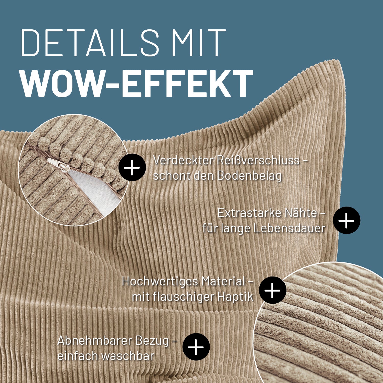 Beiger Cord-Sitzsack im Detail mit Informationen zu "Verdeckter Reißverschluss", "Extrastarke Nähte" und "Waschbarer Bezug".