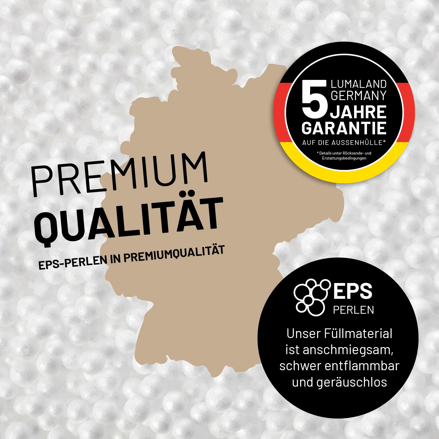 Umrisse der Deutschland-Karte mit Hinweis auf die EPS-Perlen und LUMALAND Germany 5 Jahre Garantie auf die Aussenhülle.