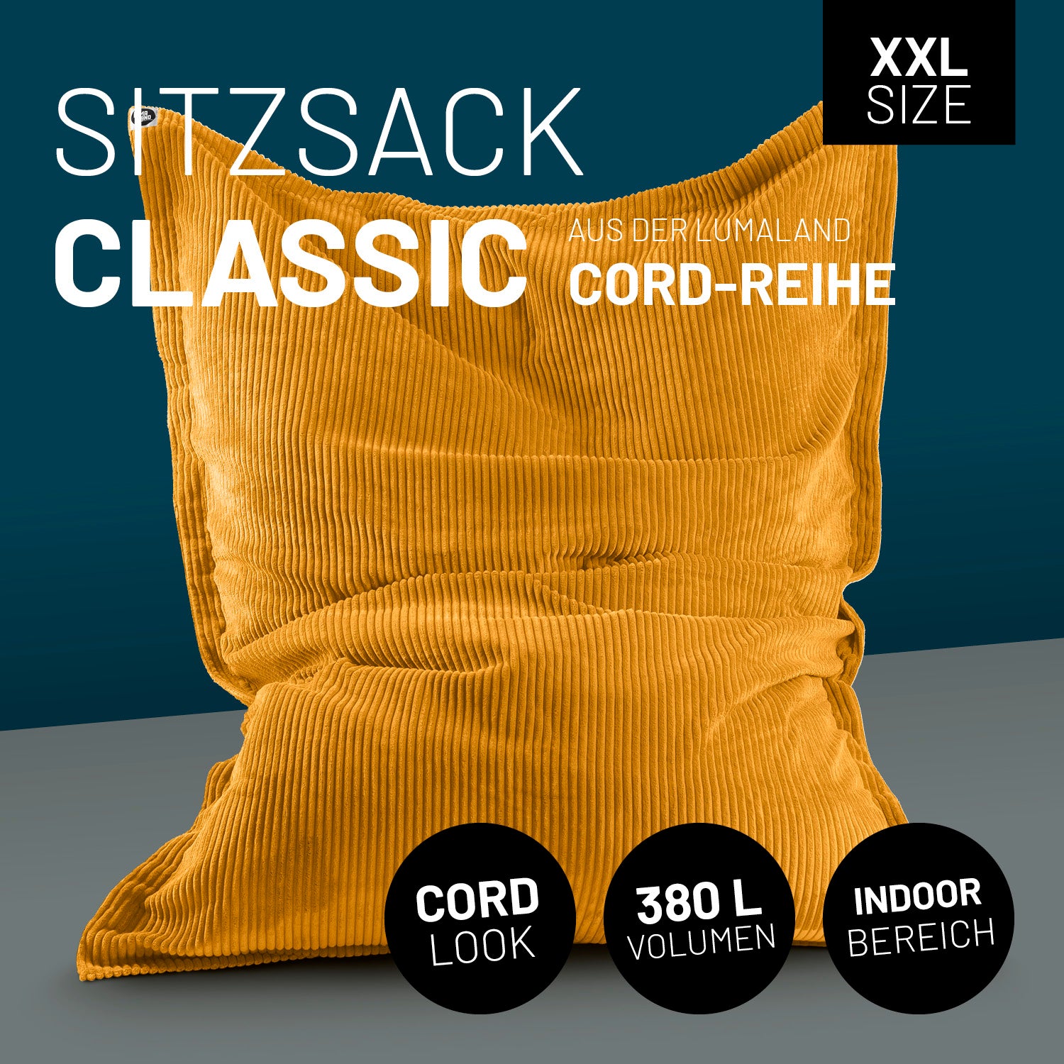 XXL Sitzsack Cord in Senfgelb mit Icons "XXL Size", "Cord Look", "380 L Volumen" und "Indoor Bereich".